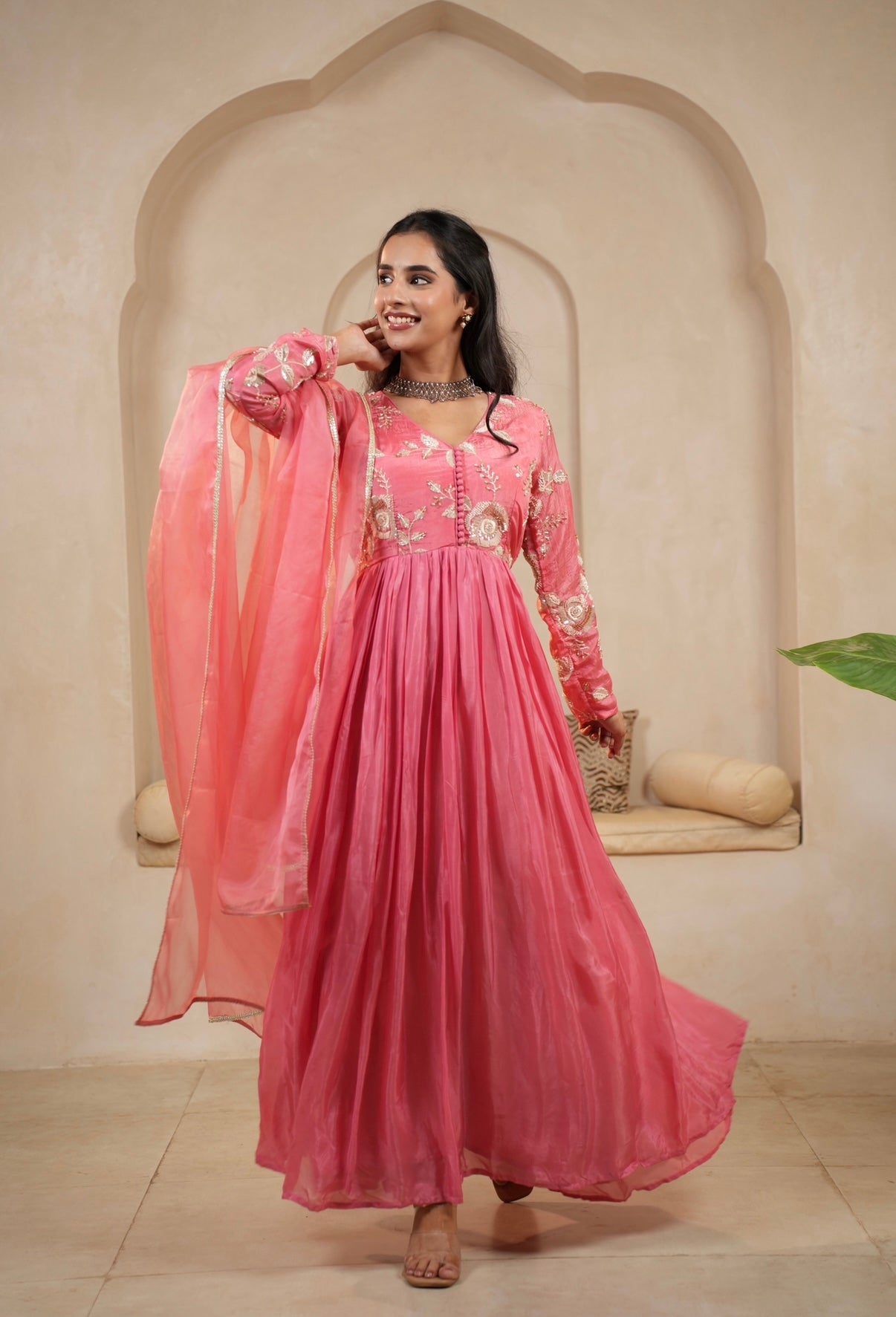 Rose Bloom Embroidered Anarkali Set