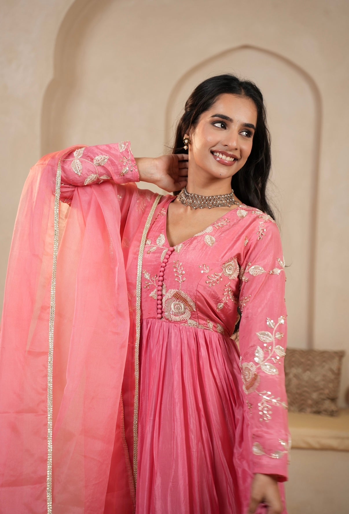 Rose Bloom Embroidered Anarkali Set