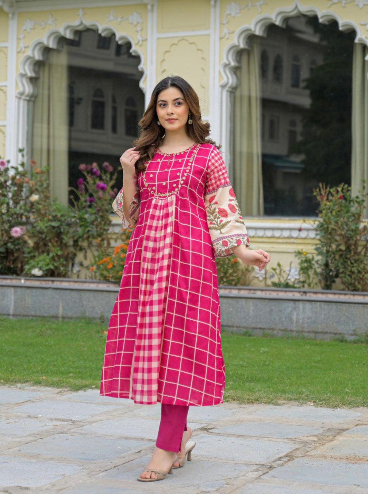 Fuchsia gulabi grid kurta set