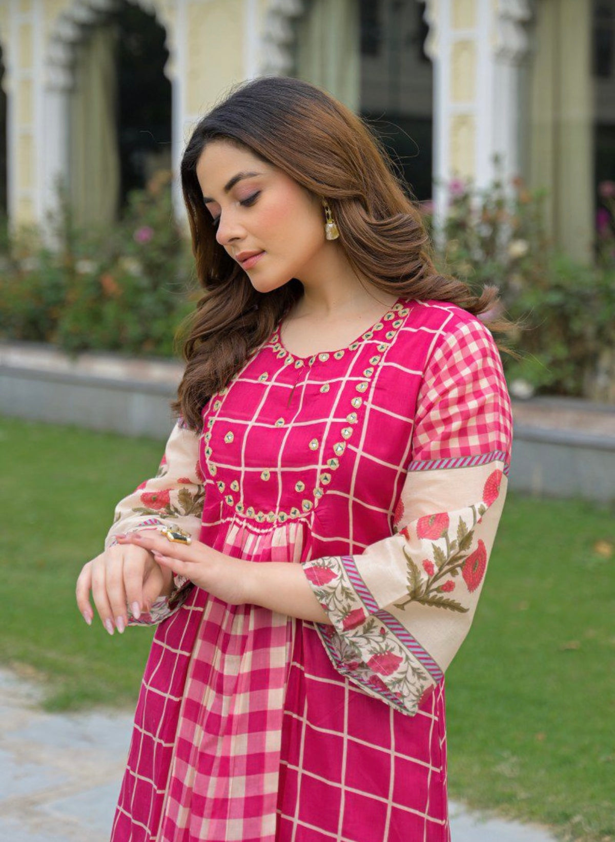Fuchsia gulabi grid kurta set