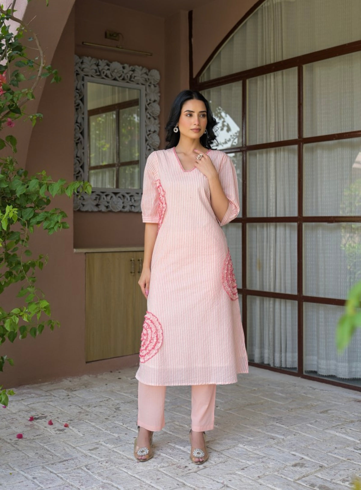 Coral bloom blush stripe kurta set