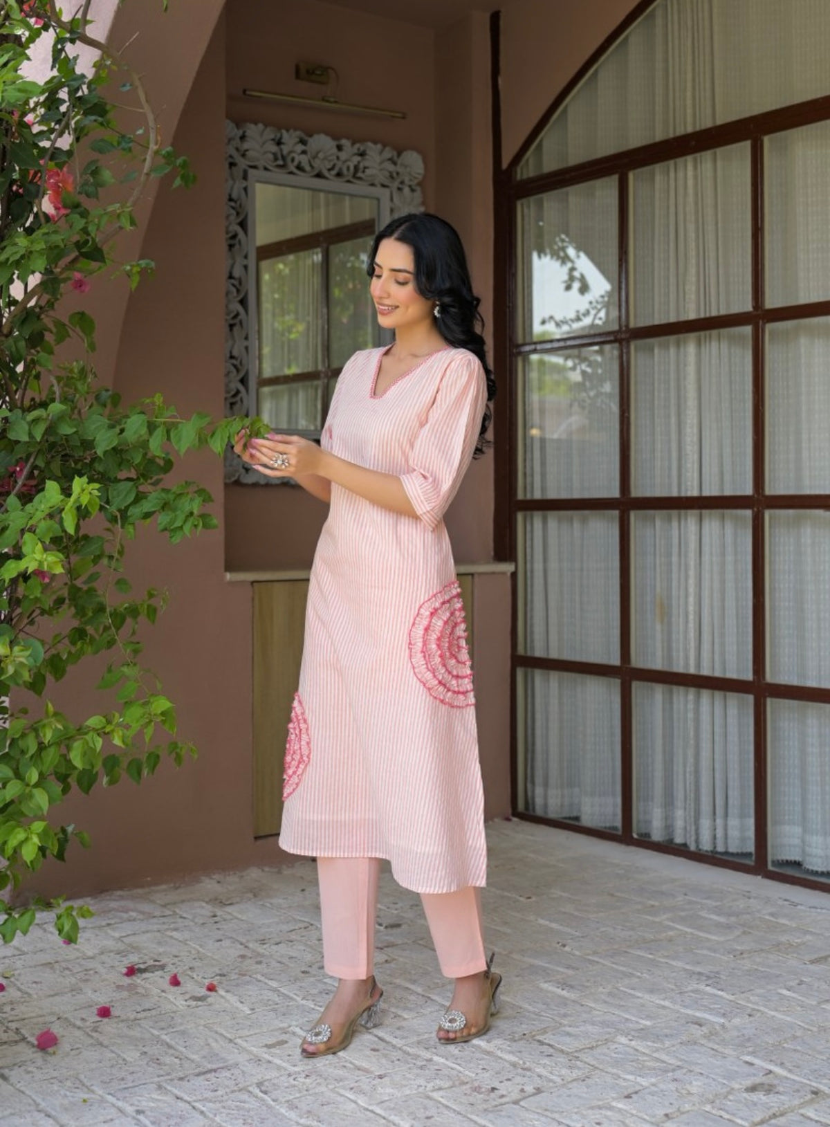 Coral bloom blush stripe kurta set