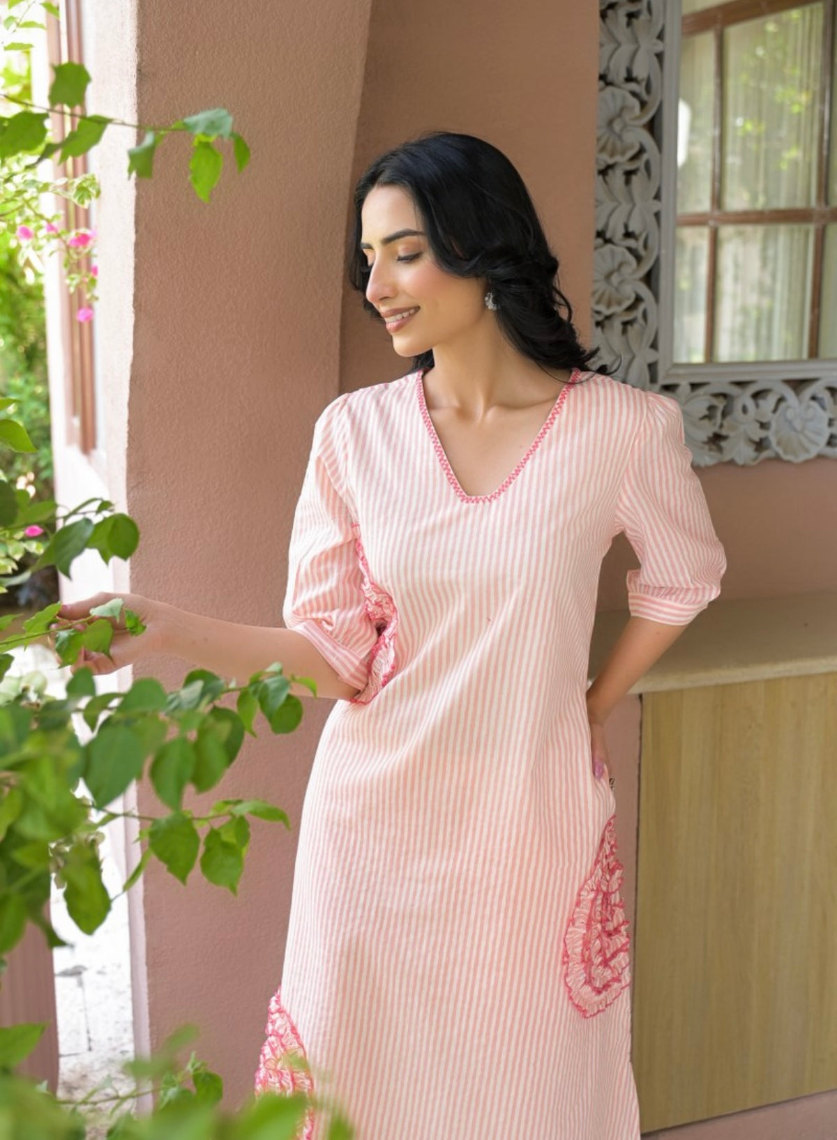 Coral bloom blush stripe kurta set