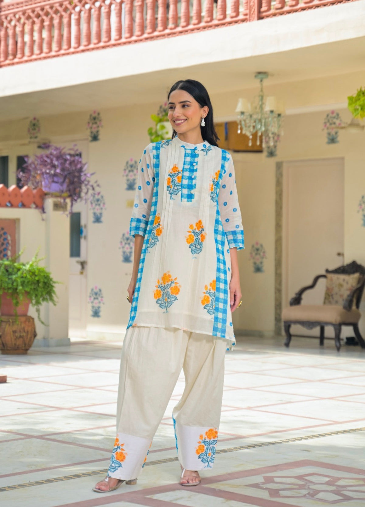 Azure checkered floral farshi set