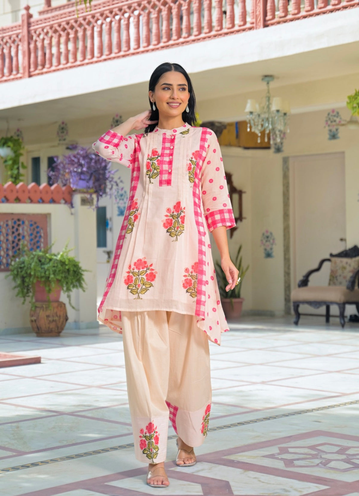 Rosy checkered floral farshi set