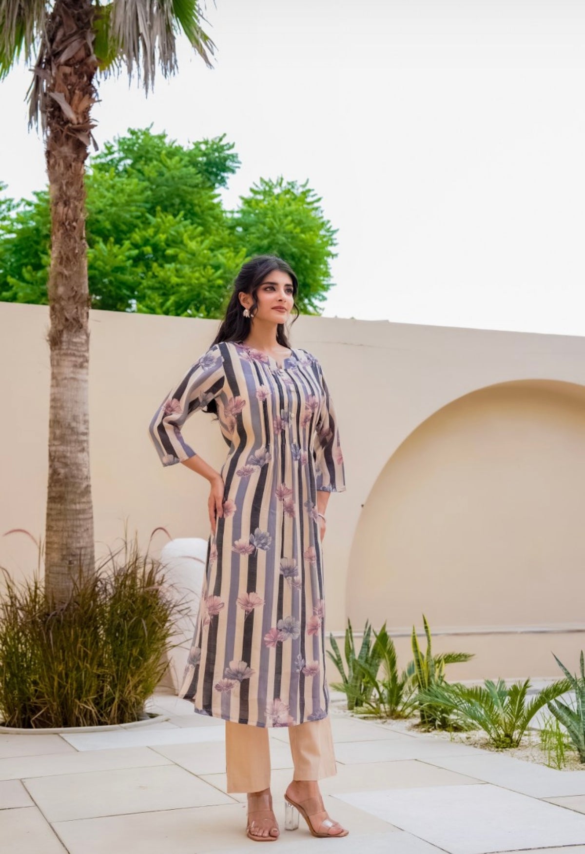 Pastel floral stripe kurta set