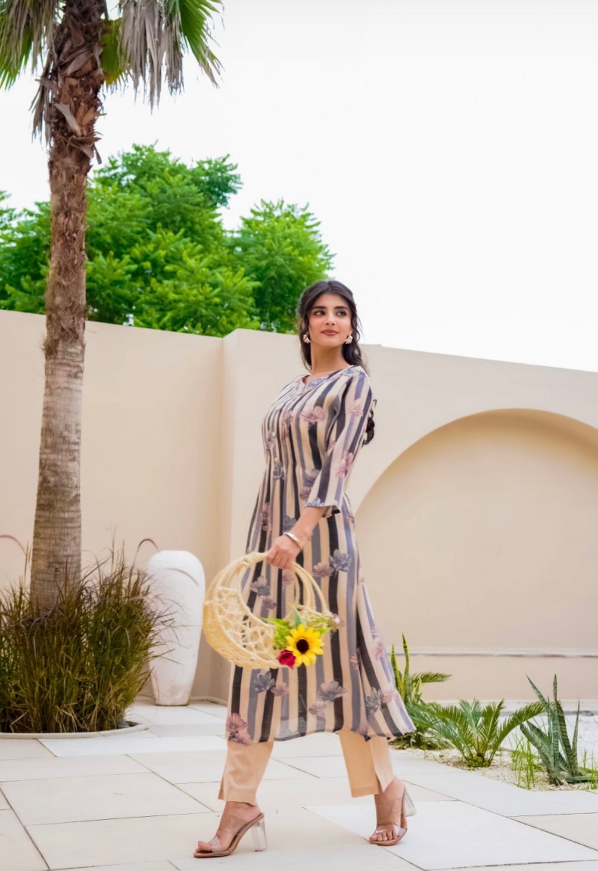 Pastel floral stripe kurta set
