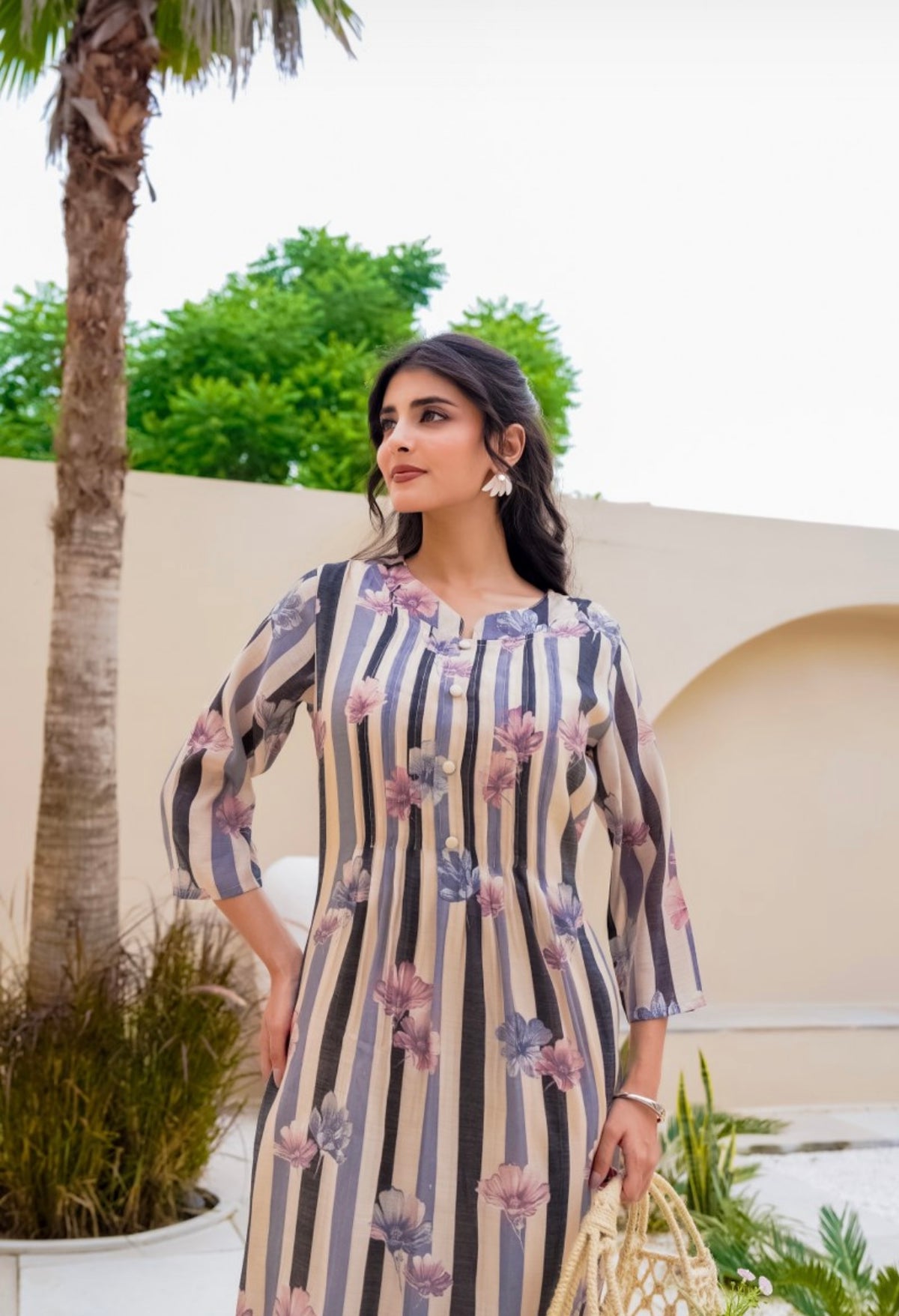 Pastel floral stripe kurta set