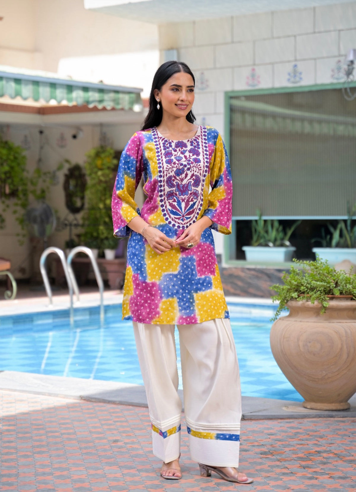 Prismatic bandhani artisanal farshi set