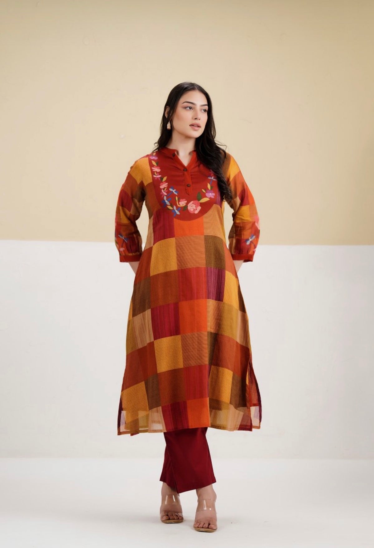 Rust & mustard check hue kurta set