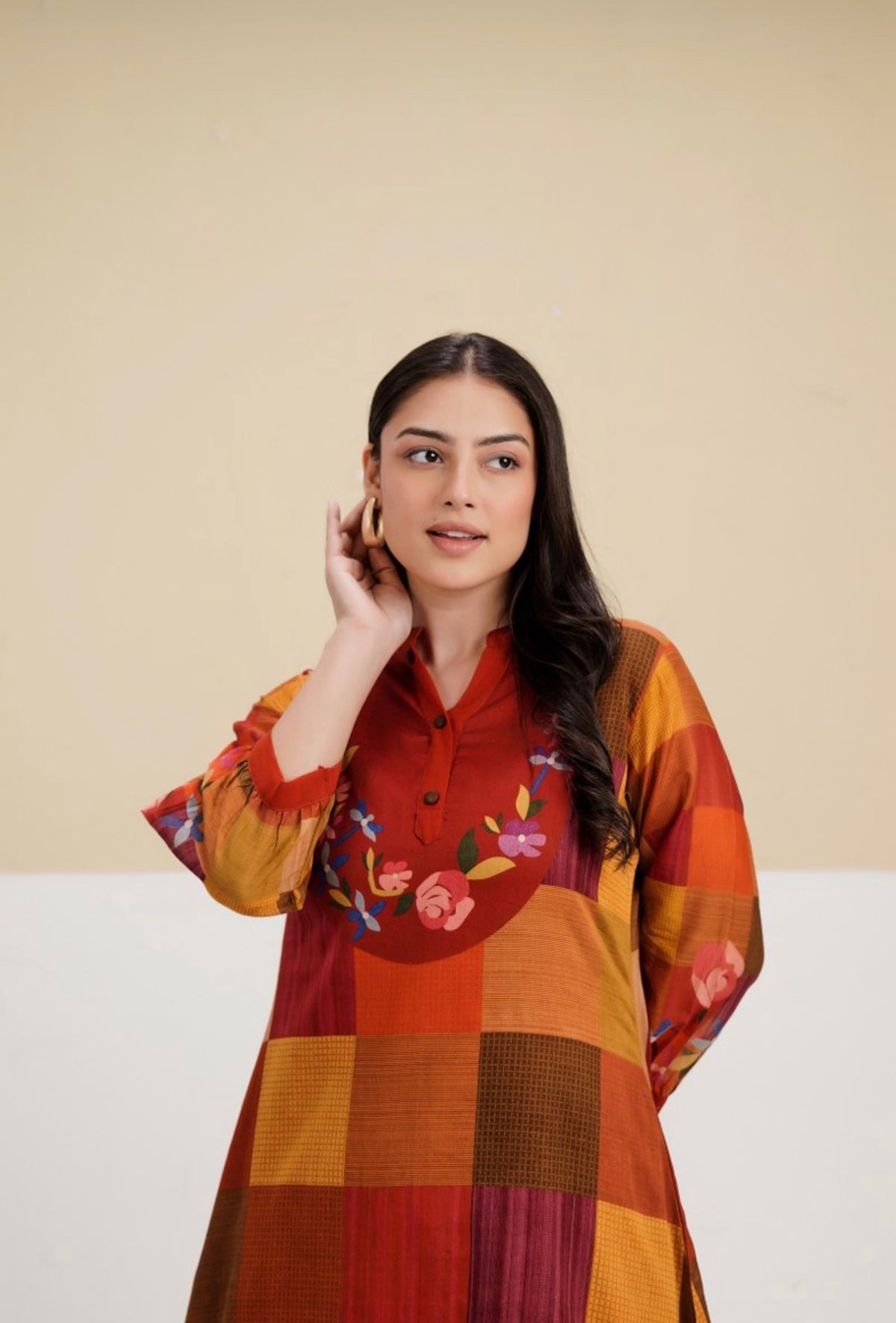 Rust & mustard check hue kurta set