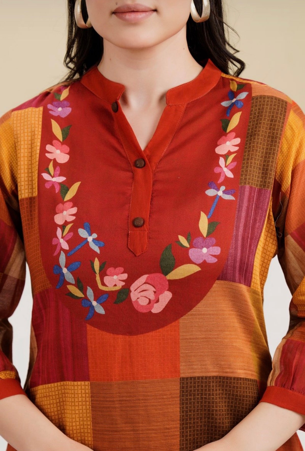 Rust & mustard check hue kurta set