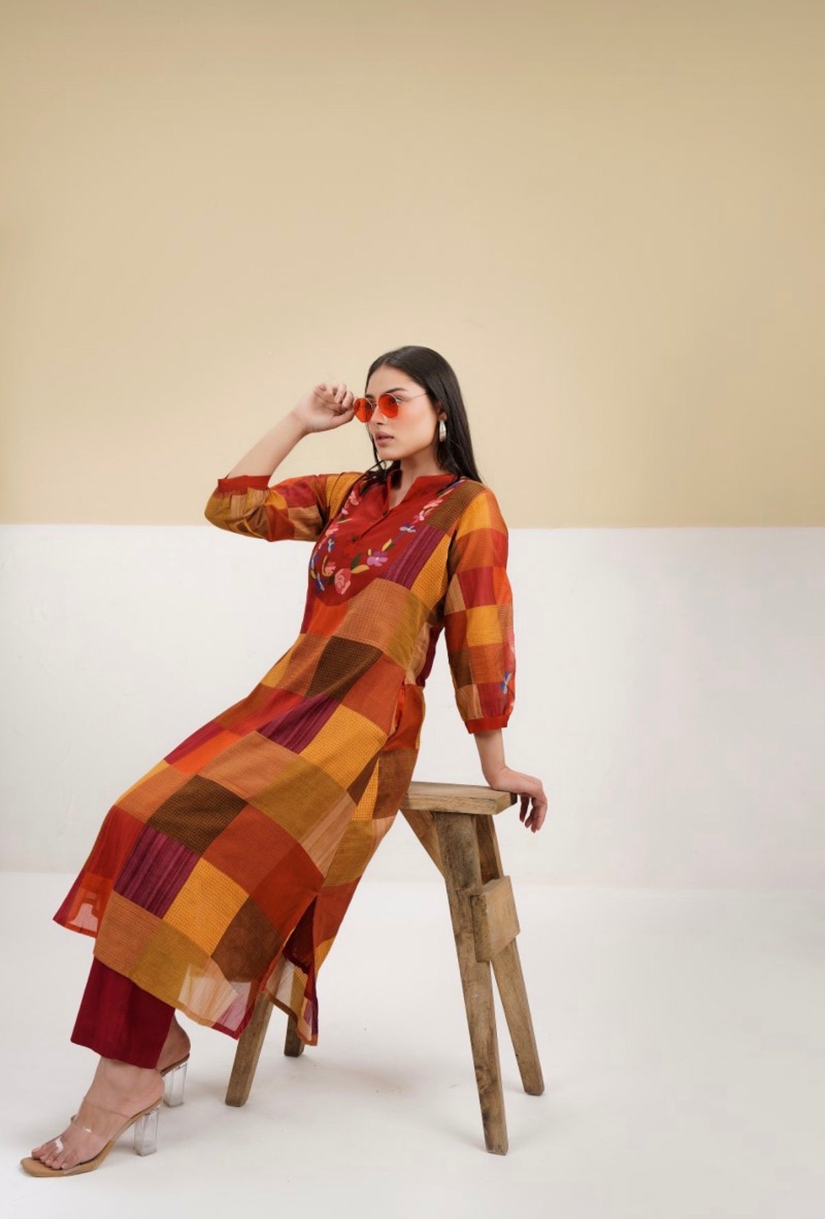 Rust & mustard check hue kurta set