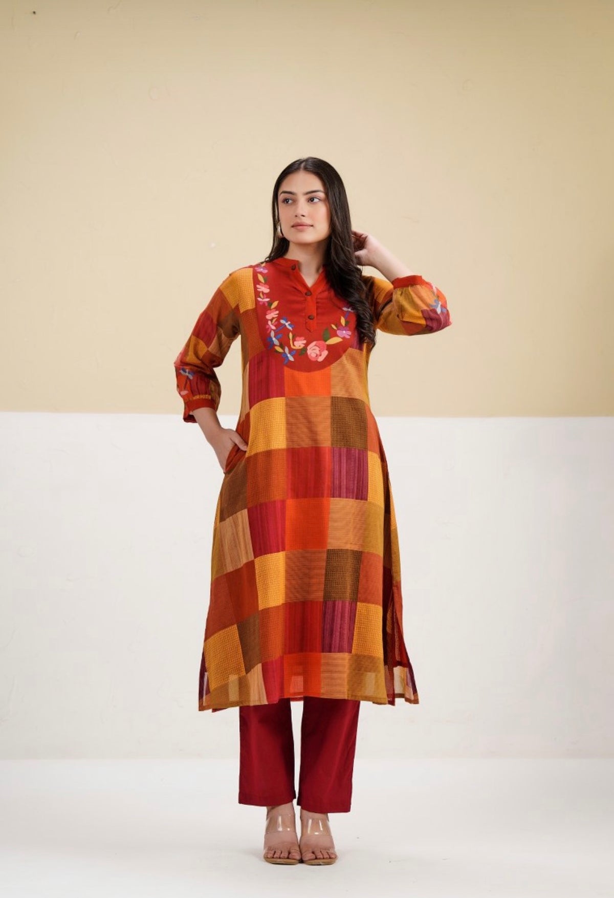 Rust & mustard check hue kurta set