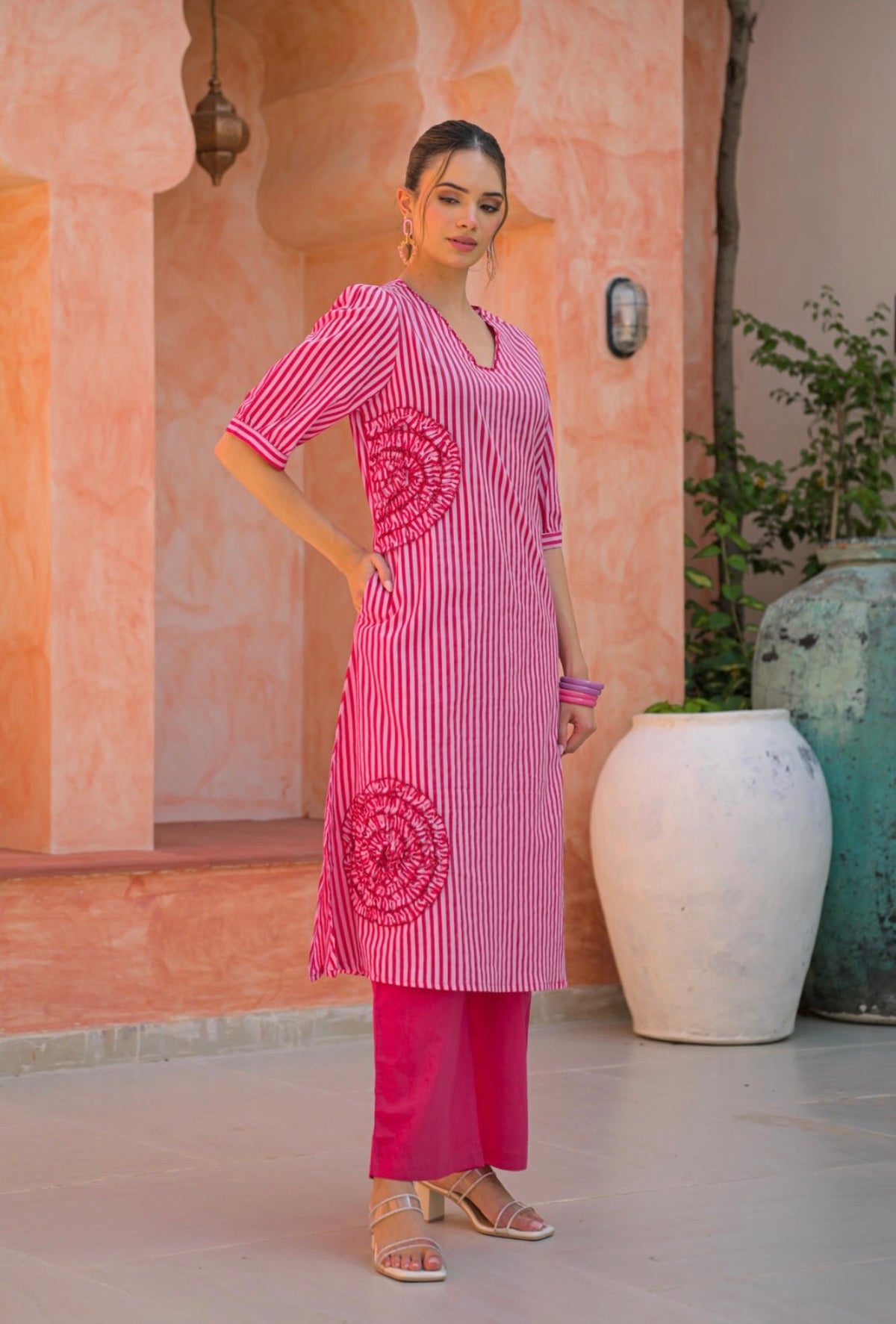 Fuchsia bloom blush stripe kurta set