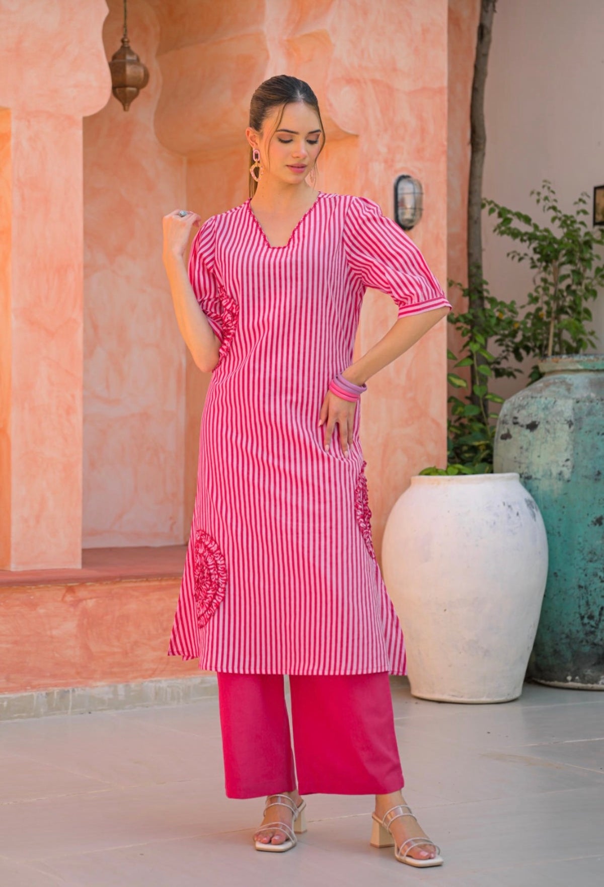Fuchsia bloom blush stripe kurta set