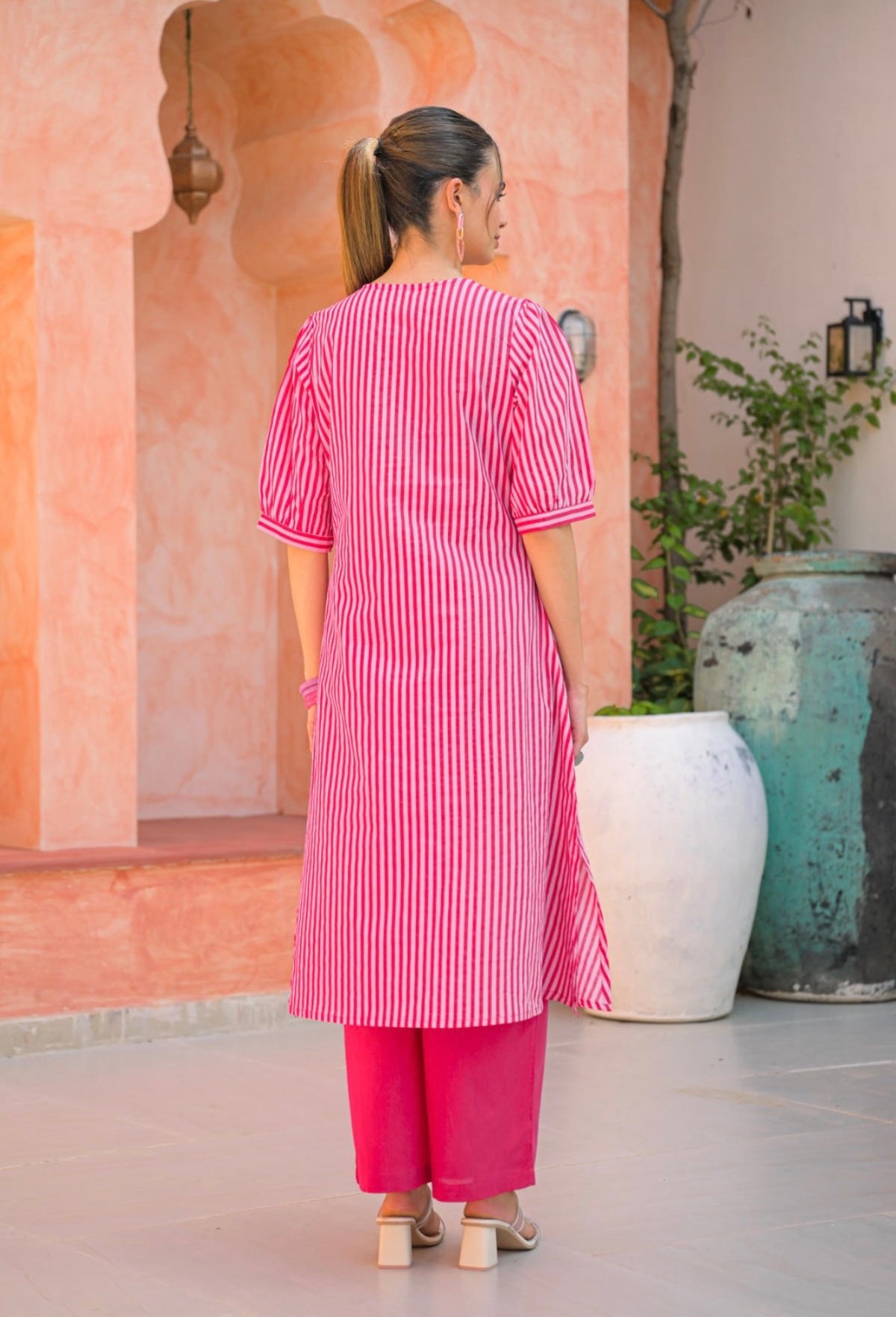 Fuchsia bloom blush stripe kurta set