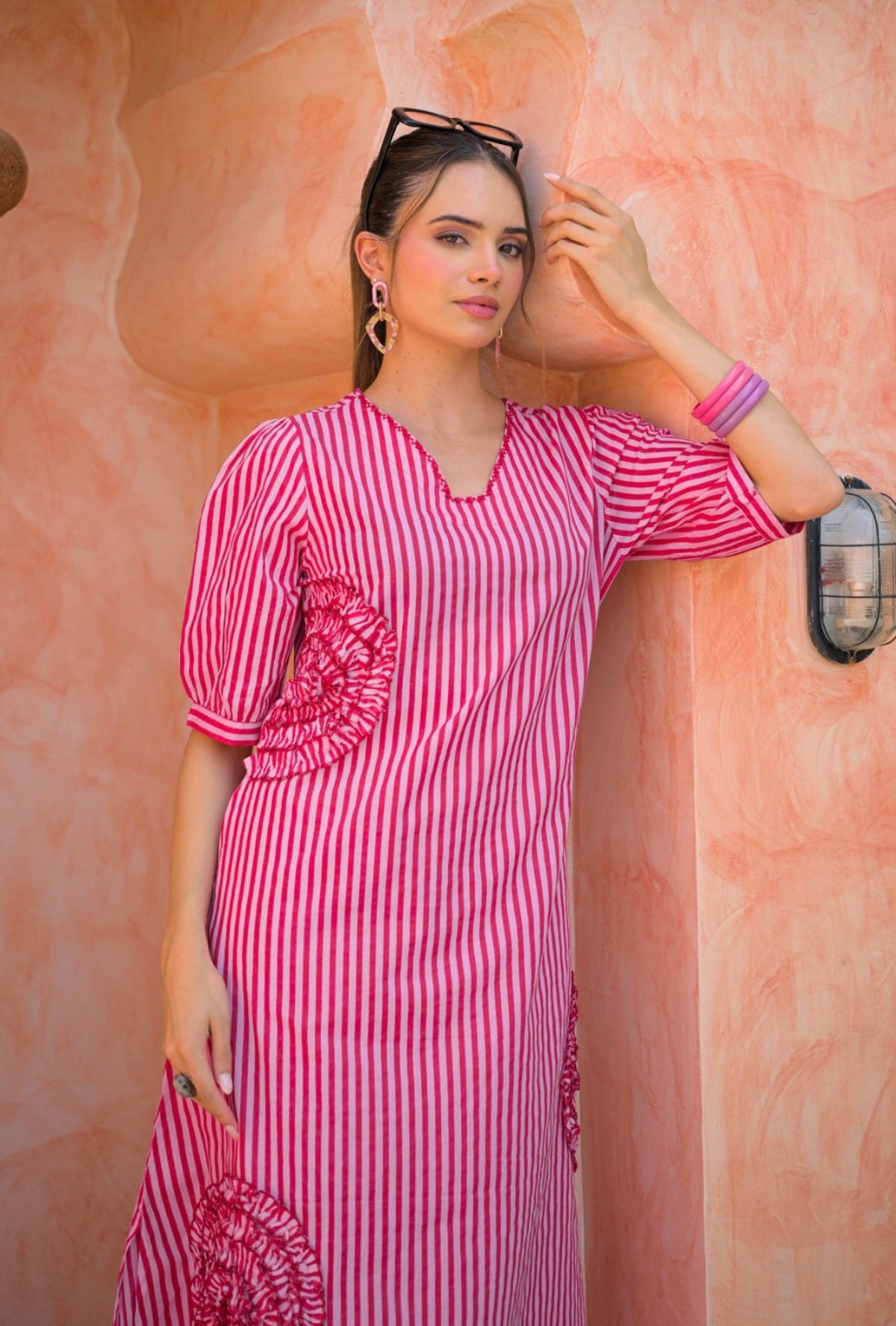 Fuchsia bloom blush stripe kurta set