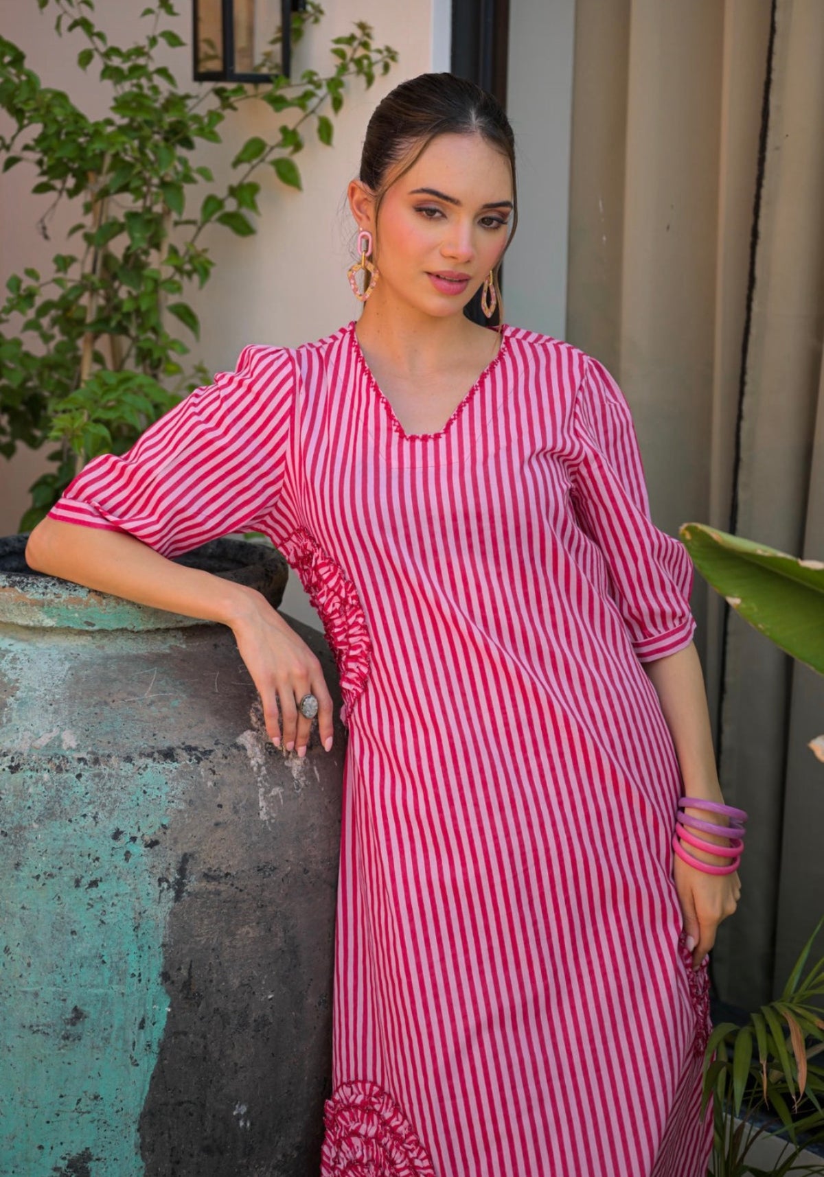 Fuchsia bloom blush stripe kurta set
