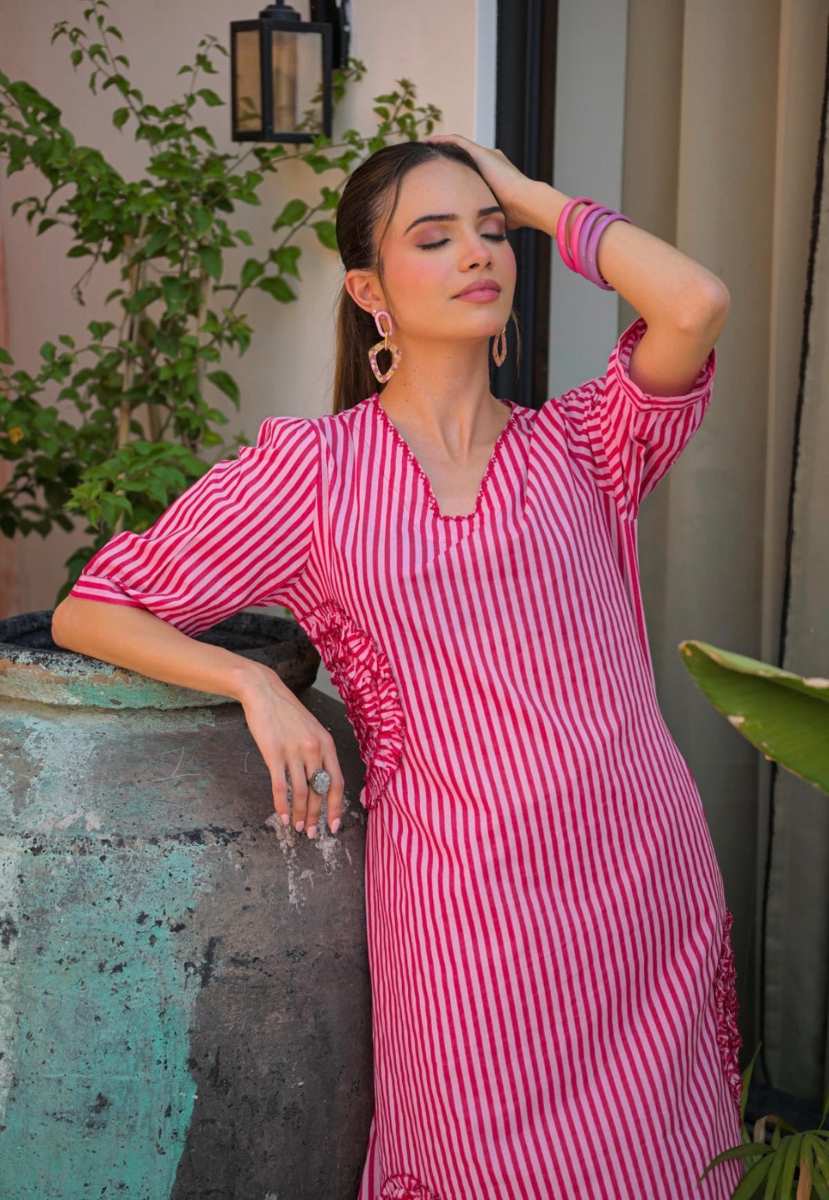 Fuchsia bloom blush stripe kurta set