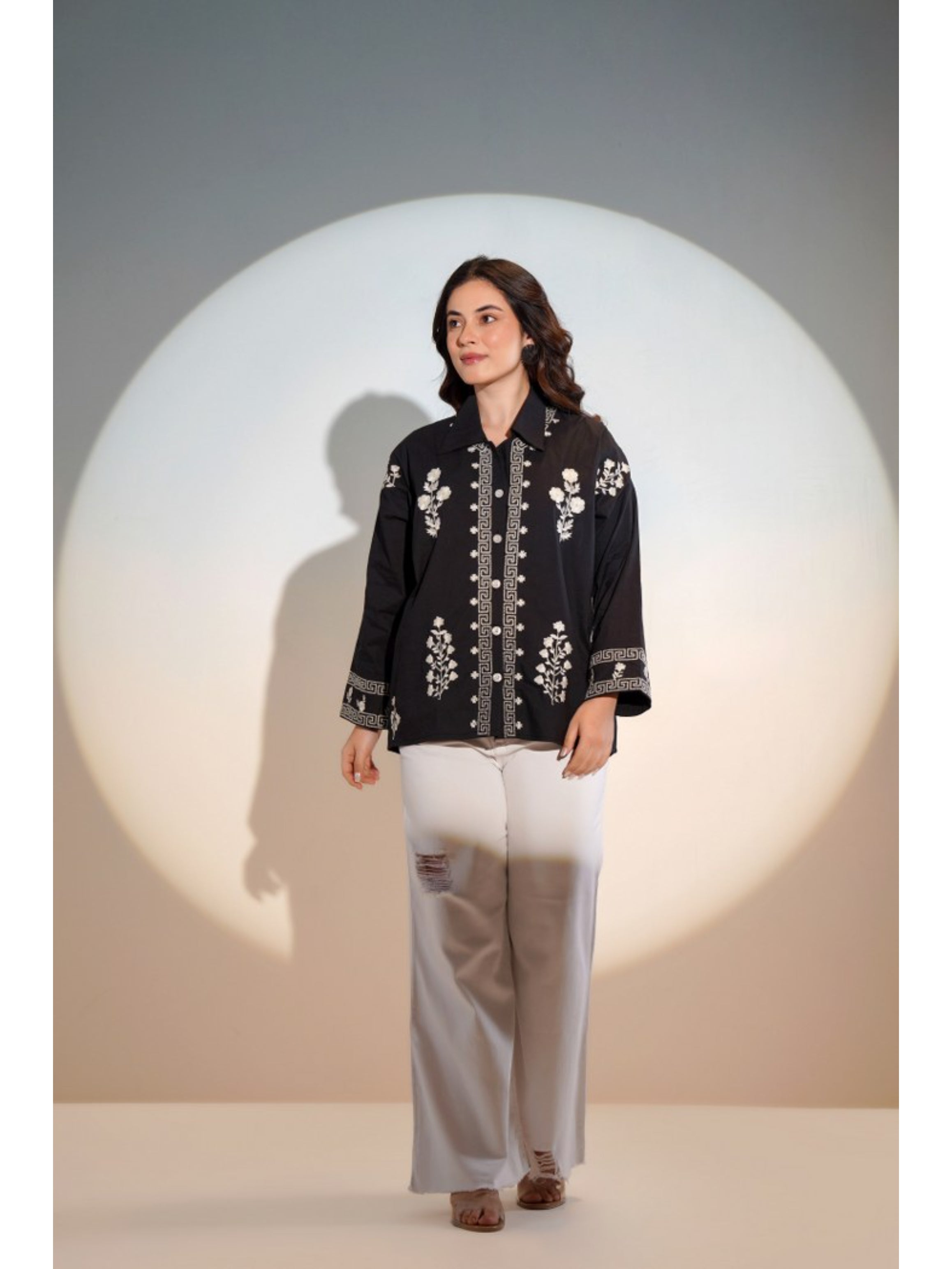 ELEGANT ABSTRACT EMBROIDERED COTTON BLACK SHIRT