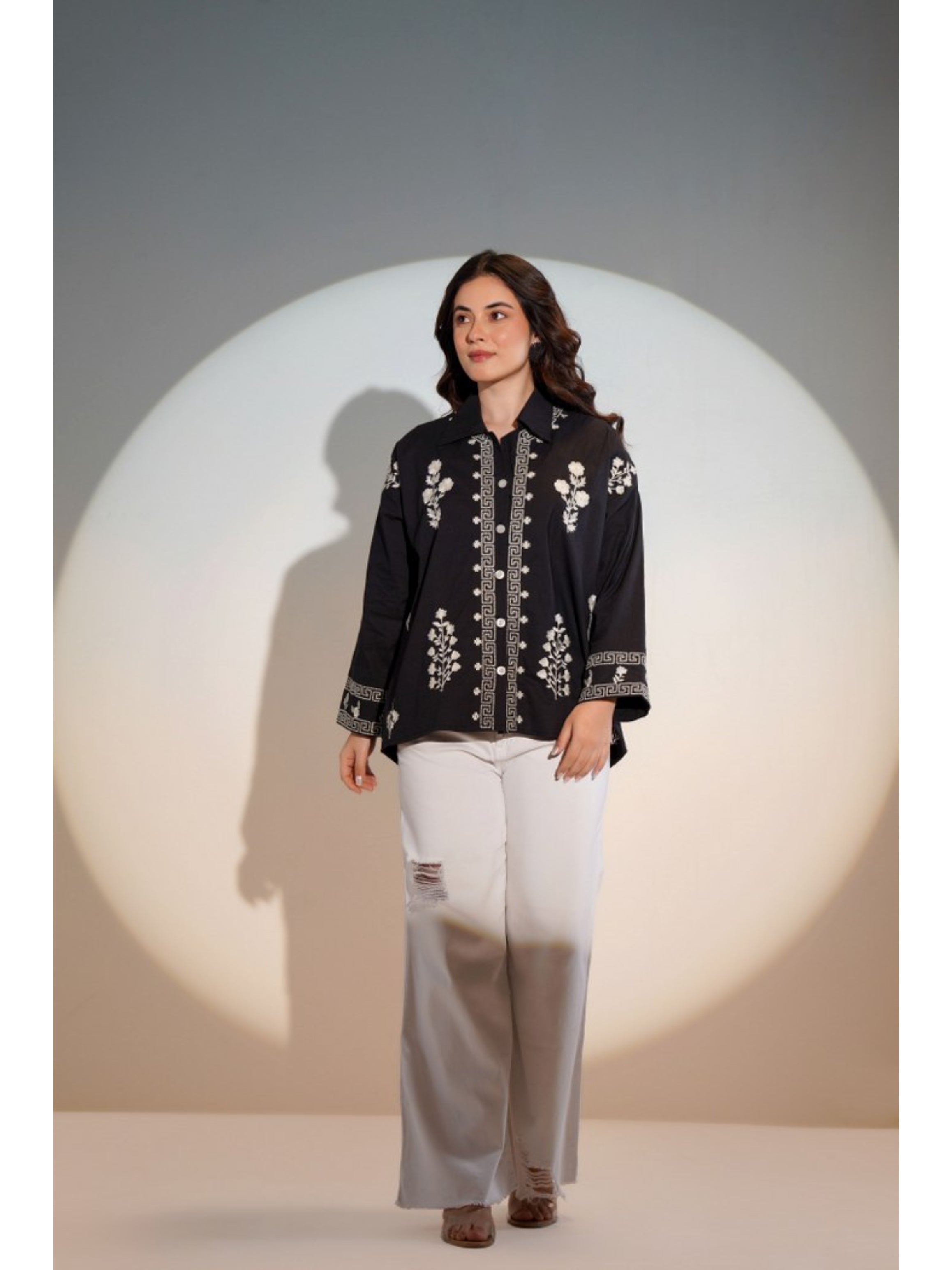 ELEGANT ABSTRACT EMBROIDERED COTTON BLACK SHIRT