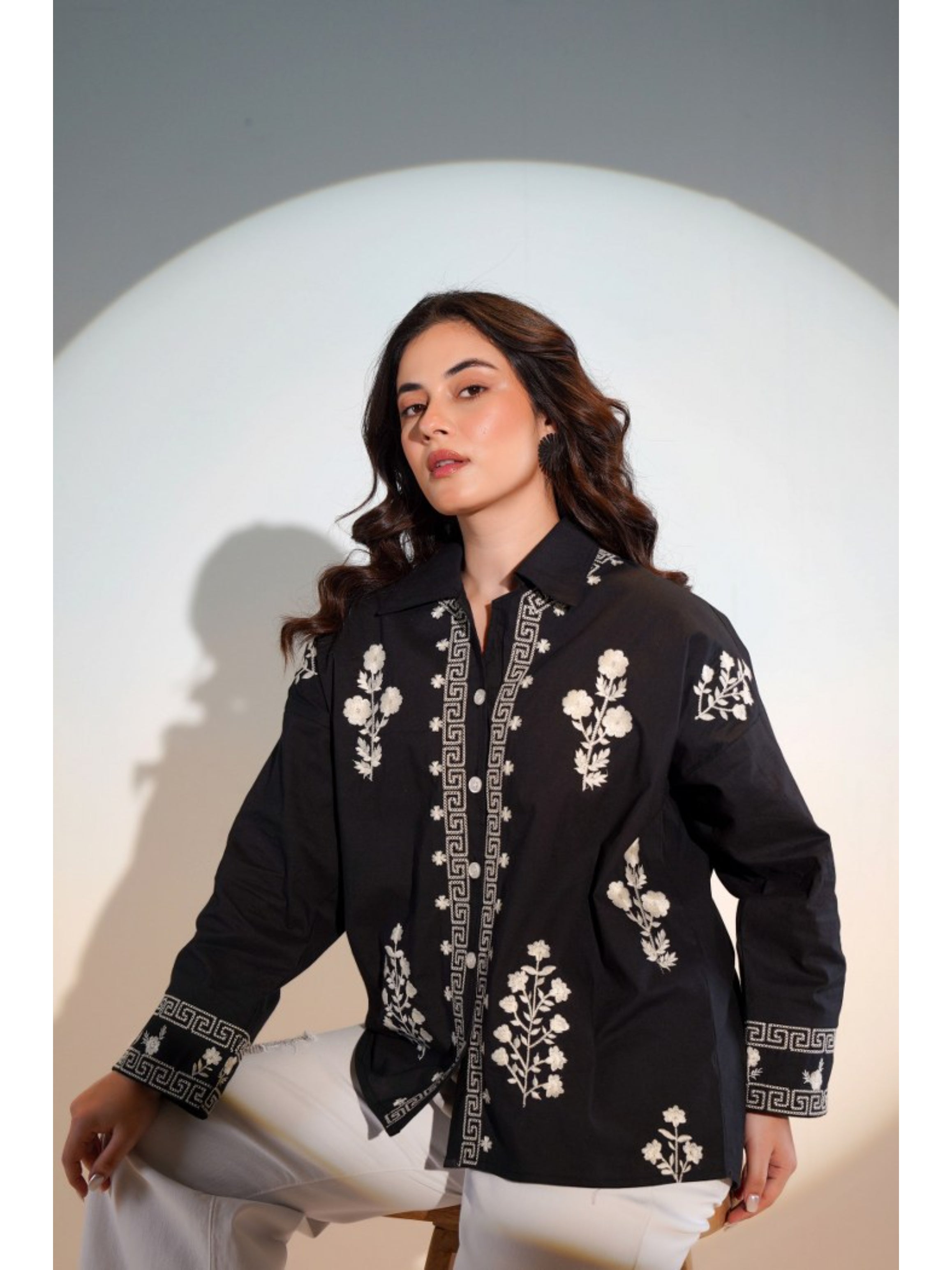 ELEGANT ABSTRACT EMBROIDERED COTTON BLACK SHIRT