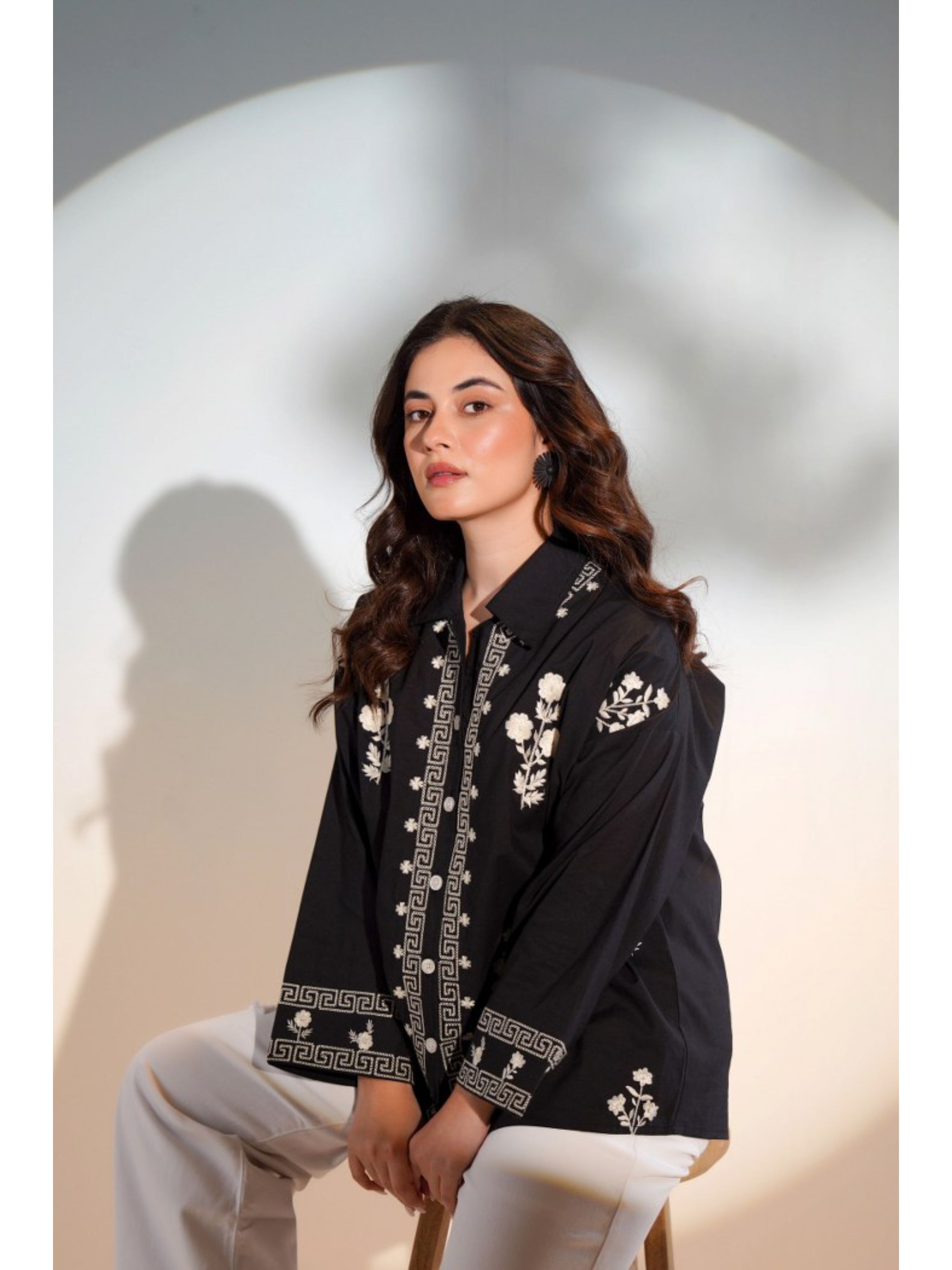 ELEGANT ABSTRACT EMBROIDERED COTTON BLACK SHIRT