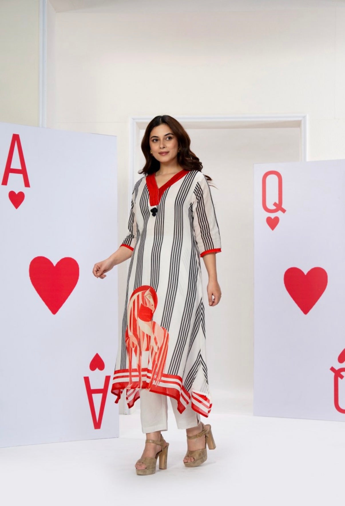Scarlet Stripe Folk Horse Kurta Set