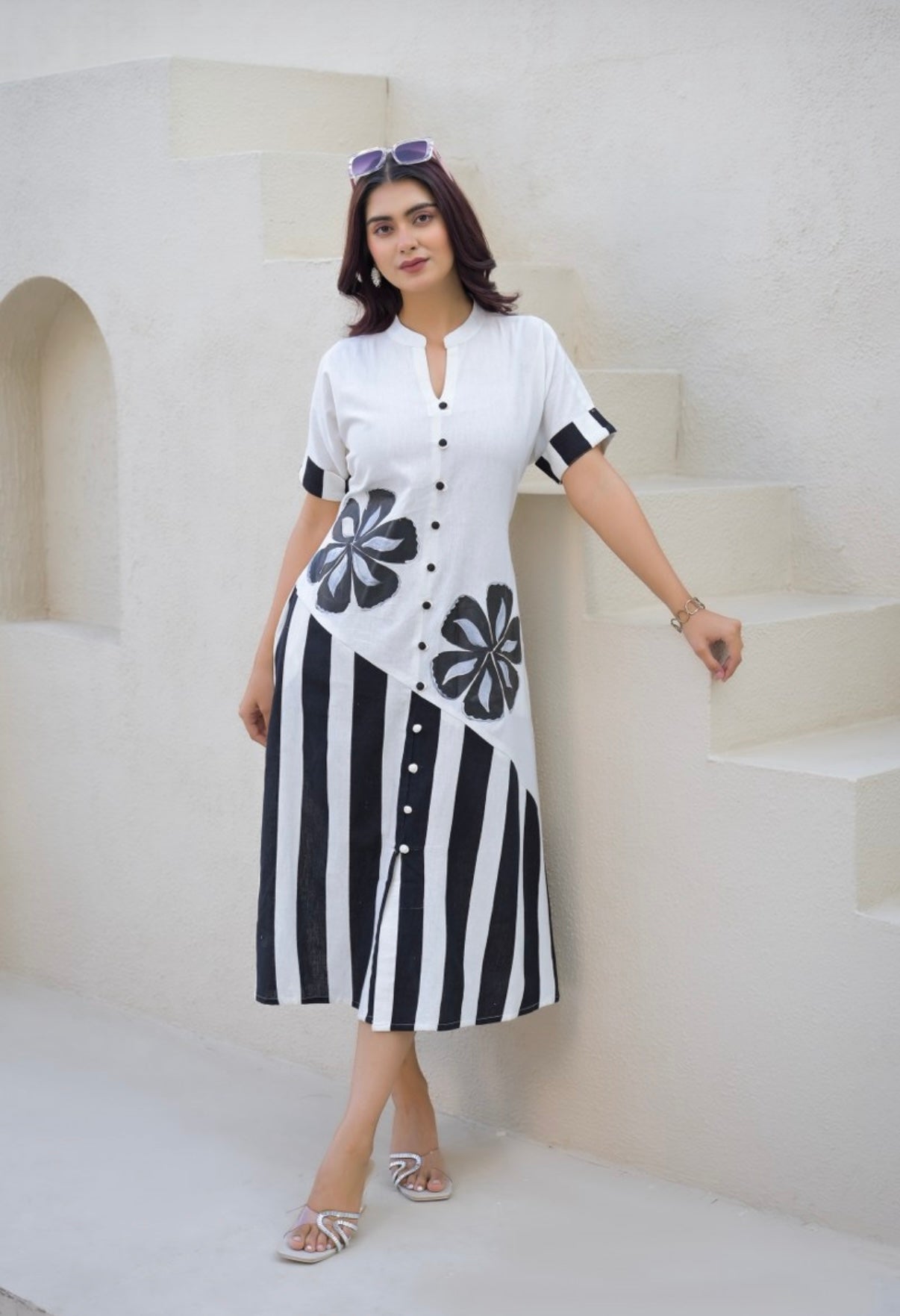 Black Petal Drift Midi Dress
