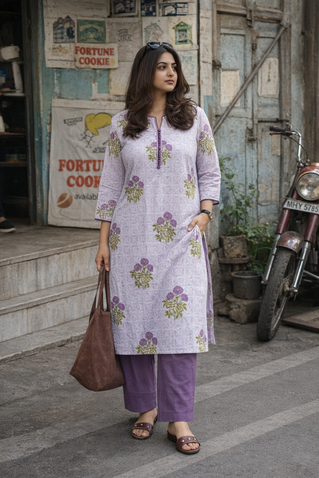 Saanjh Lavender Floral Handblock Cotton Kurta Set