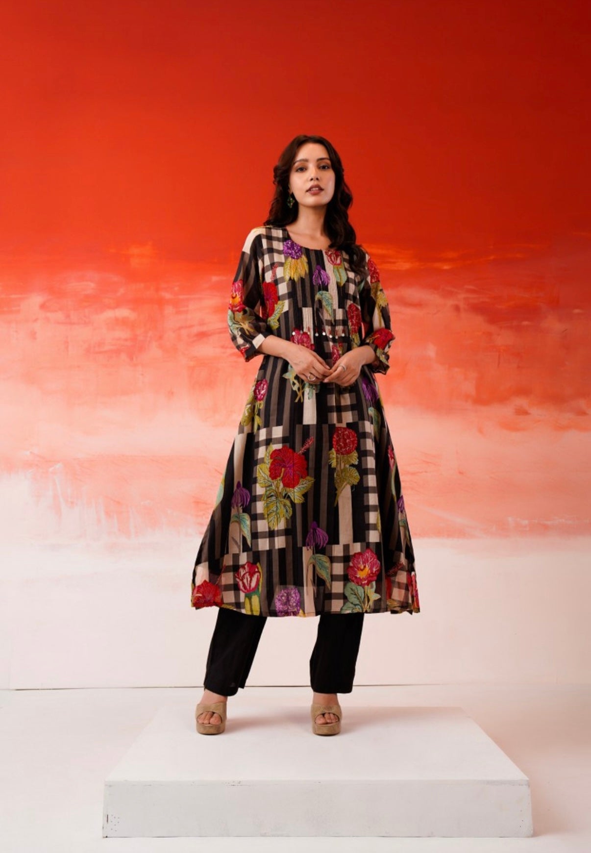 Velvet Petals Black Check Kurta Set