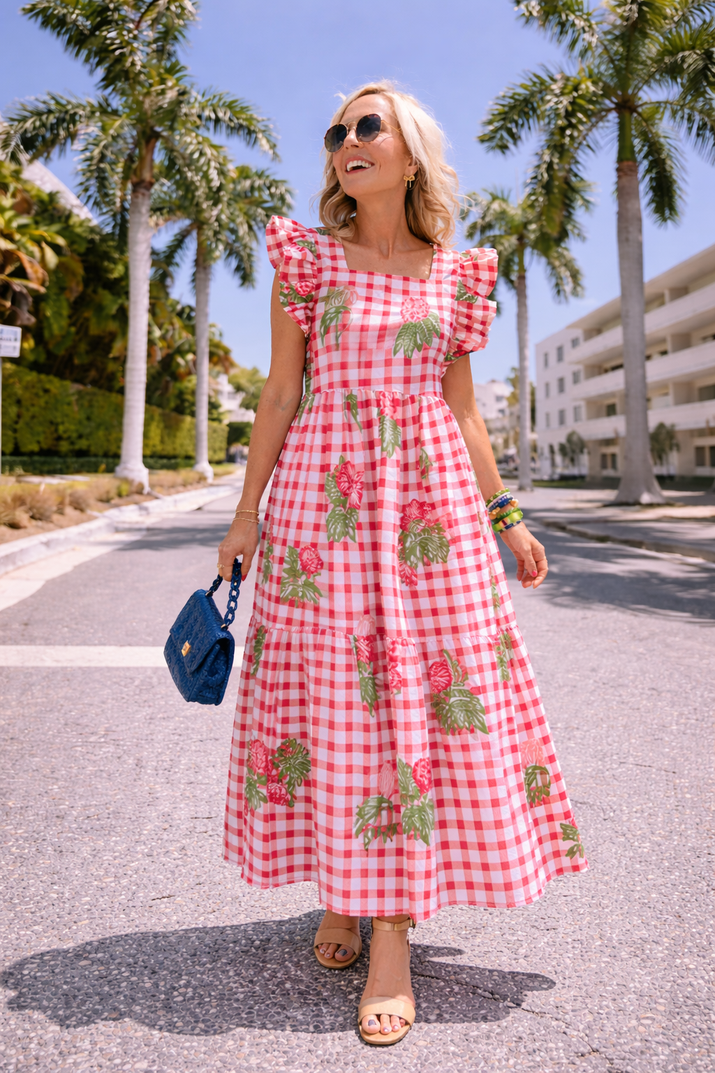 Rosy Garden Gingham Midi Dress