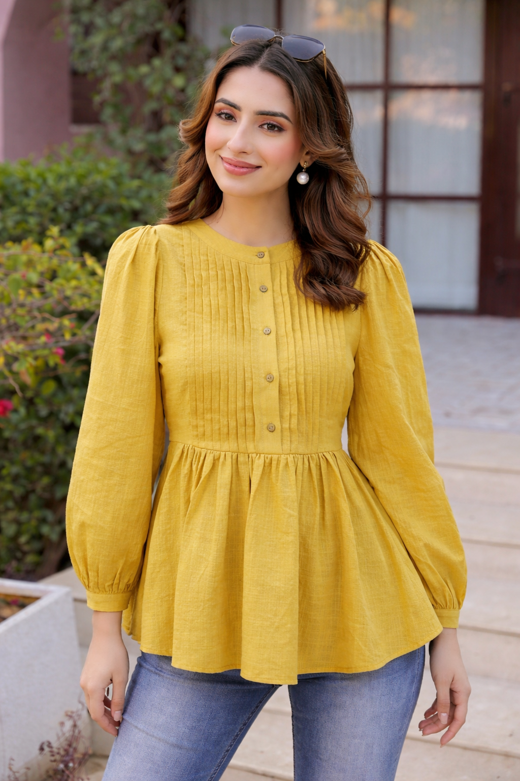 Honey Dew Pintuck Peplum Top