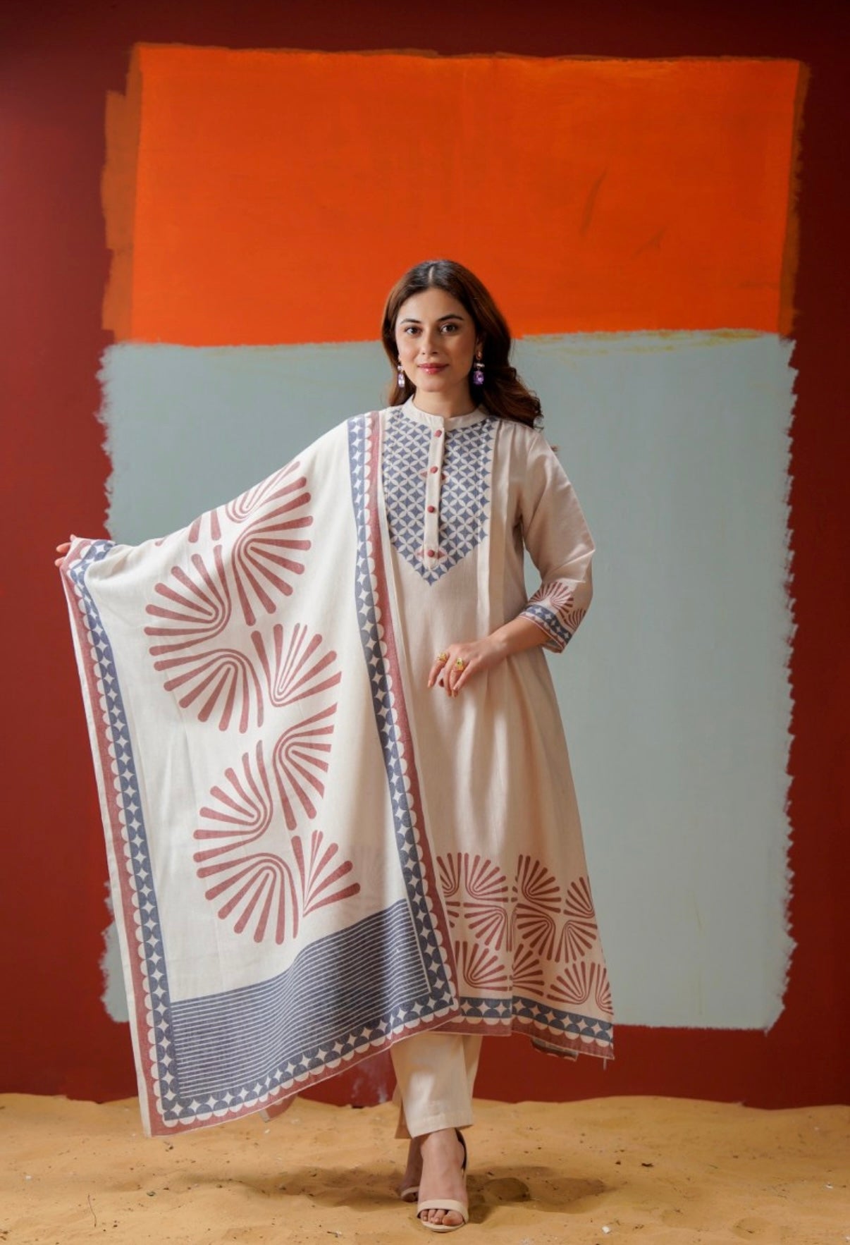 Rust & Slate Ivory Printed Kurta Set