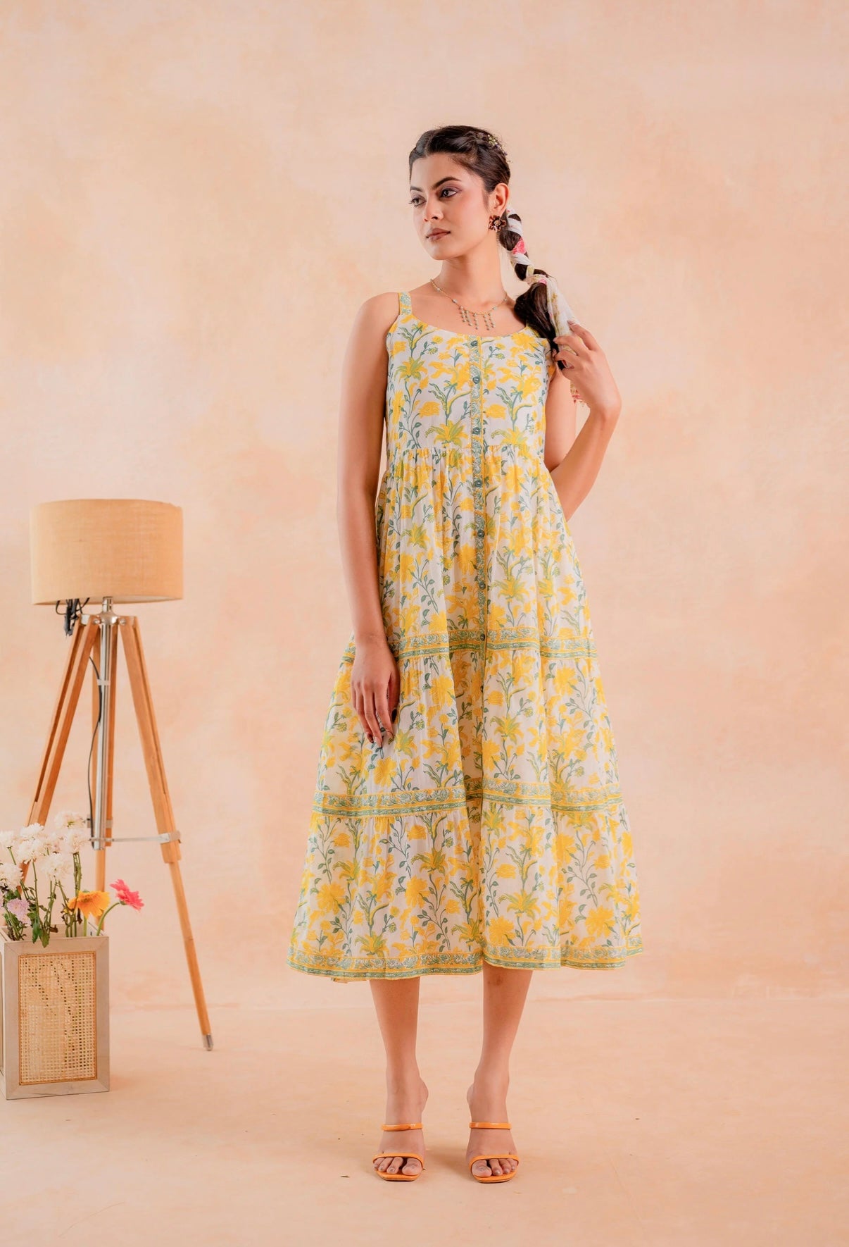 Vibrant Sunshine Bloom Flared Midi Dress