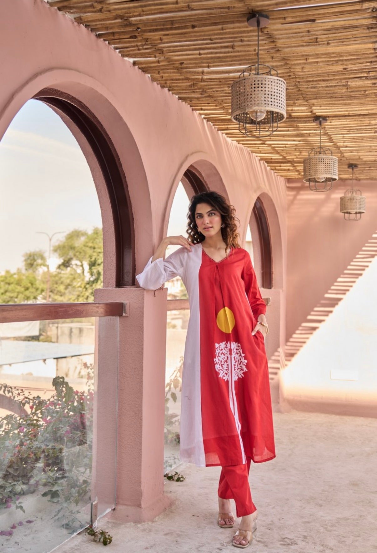 Crimson Sol Split-Panel Cotton Kurta Set