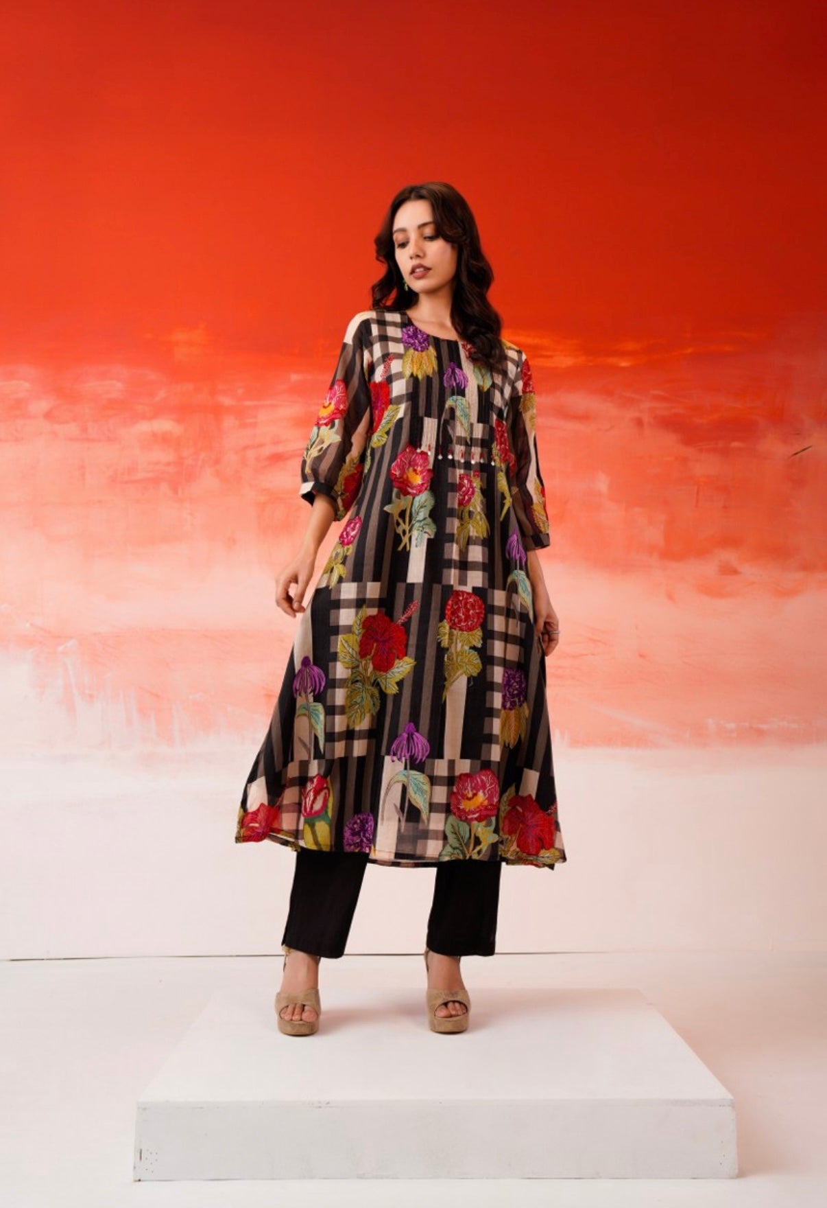 Velvet Petals Black Check Kurta Set