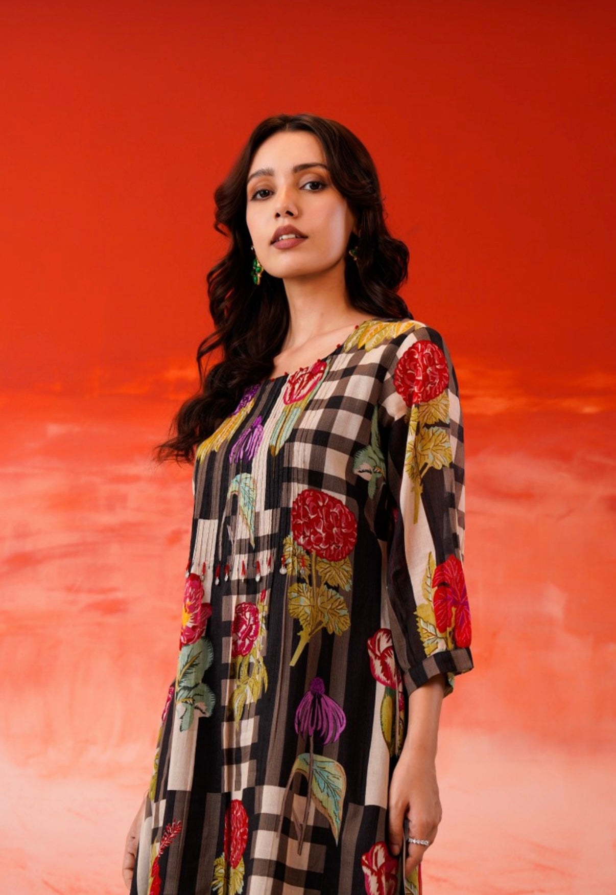 Velvet Petals Black Check Kurta Set