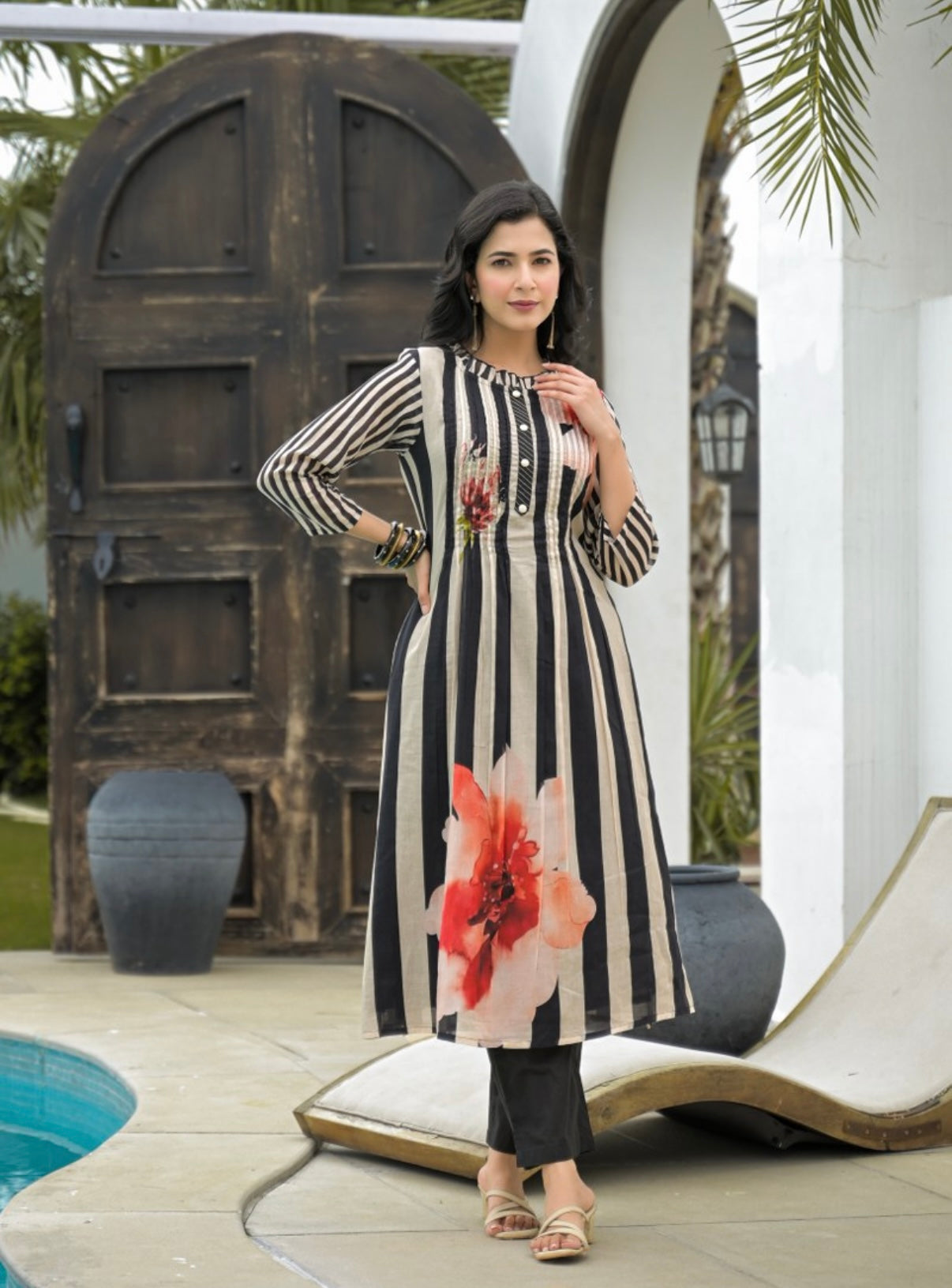 Scarlet Petals on Ivory Stripes Kurta Set