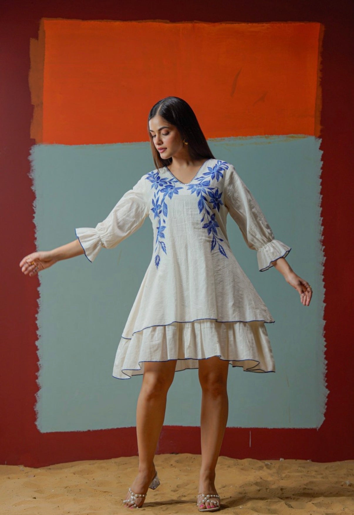 Blue Petals Hand-Painted Cotton Dress