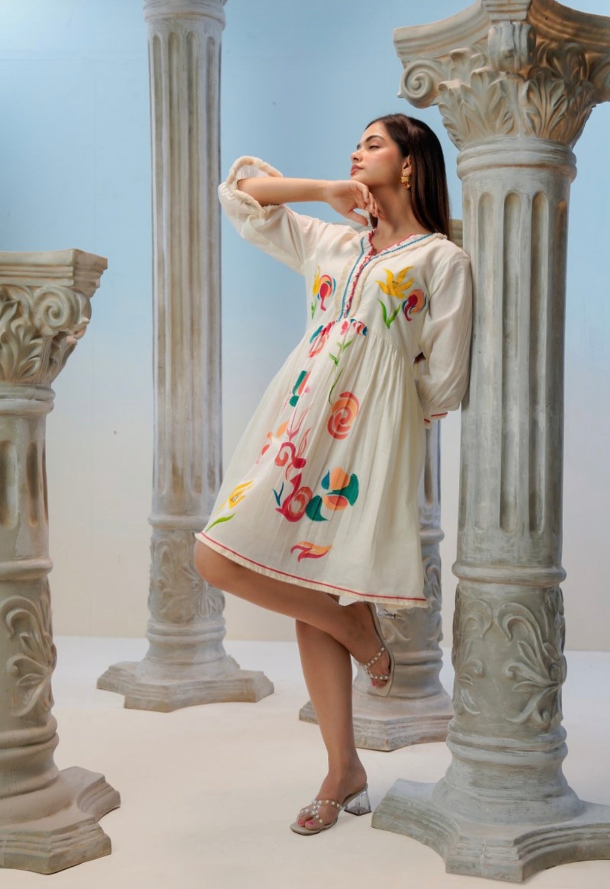 Rangriti Handpainted Ivory Cotton Dress