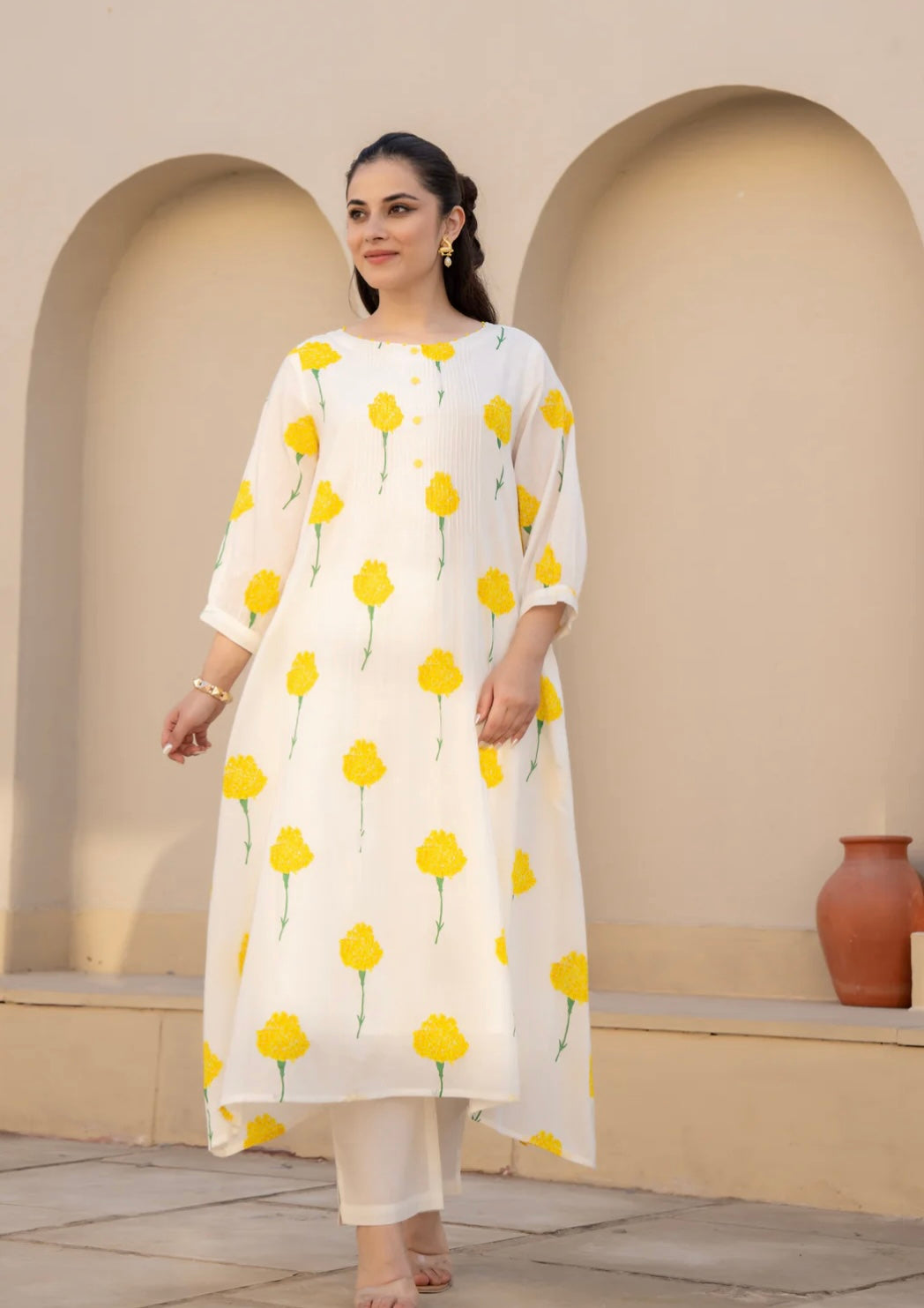 WHITE & YELLOW FLORAL PRINTED COTTON KURTA SET FOR WOMEN KURTA WITH PANTS