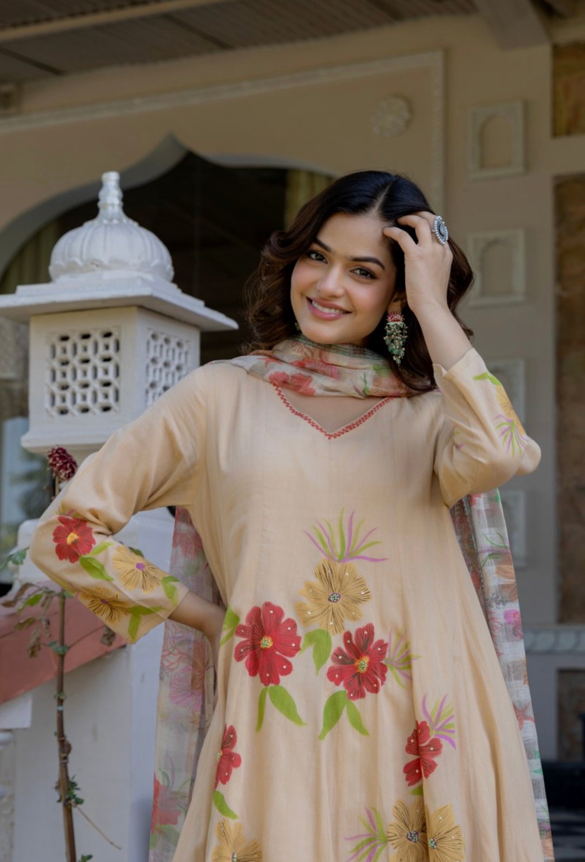 BLOSSOM ELEGANCE BEIGE COLOR COTTON EMBROIDERED SUIT SET