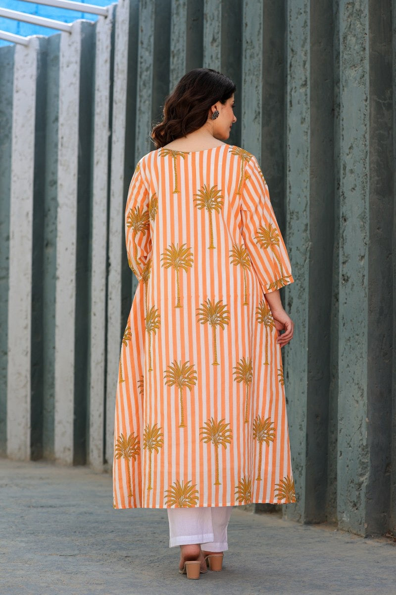 Tropical Floral Orange Cotton Kurta Set