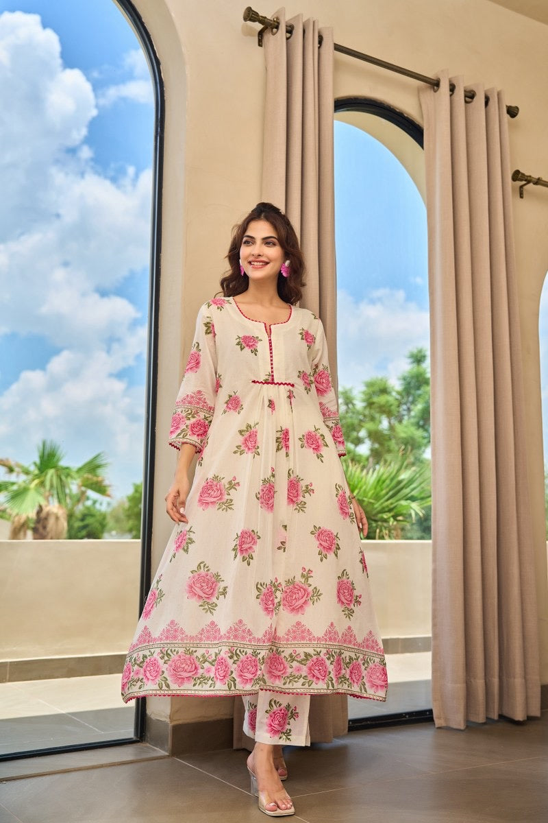 Pink Rose Pintex A - Line Kurta Set