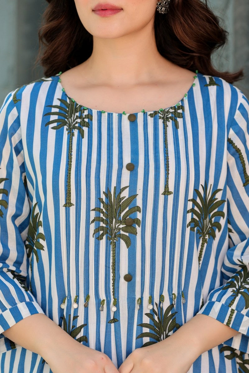 Tropical Floral Blue Cotton Kurta Set