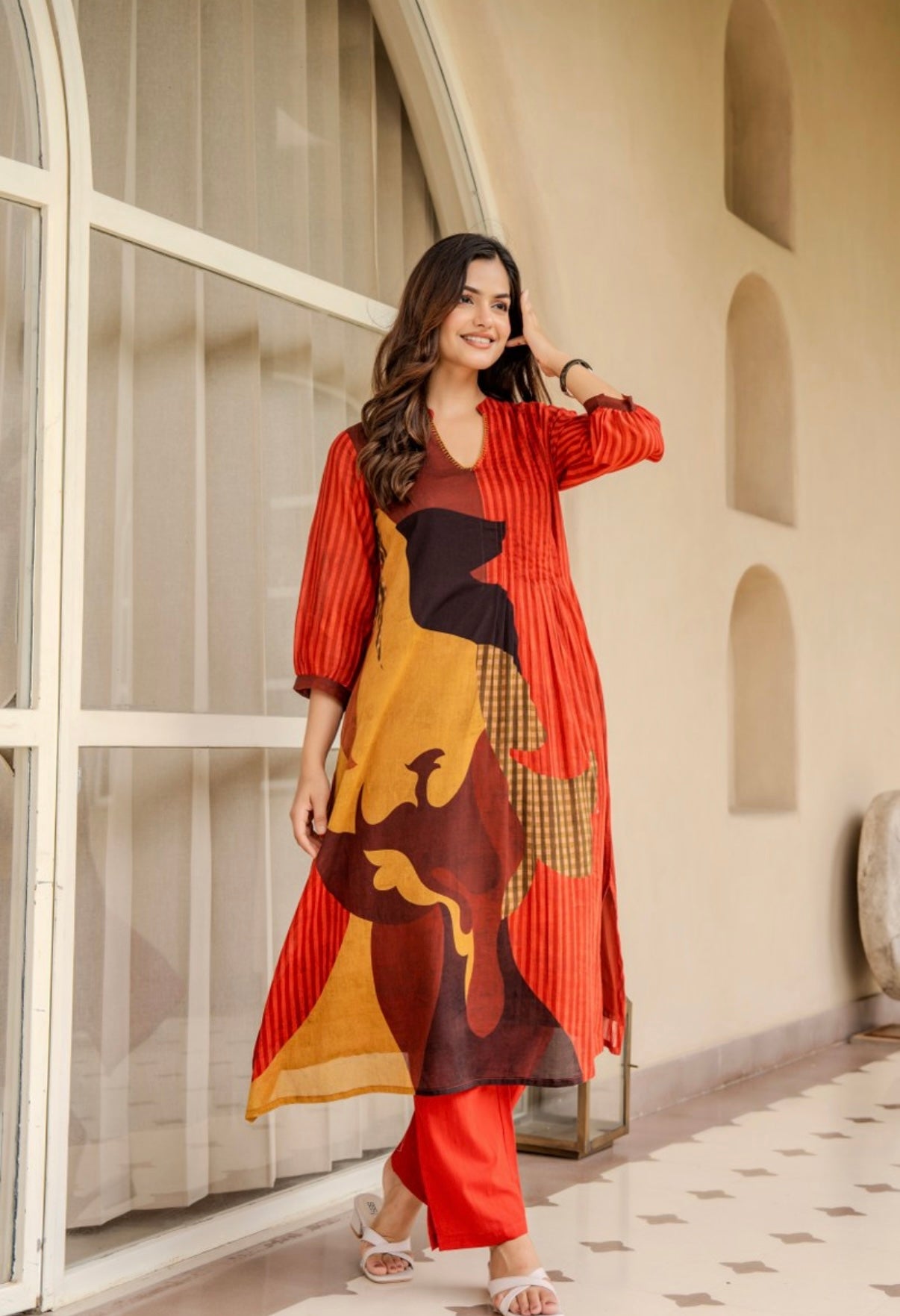 Crimson Terra Abstract Cotton Kurta Set