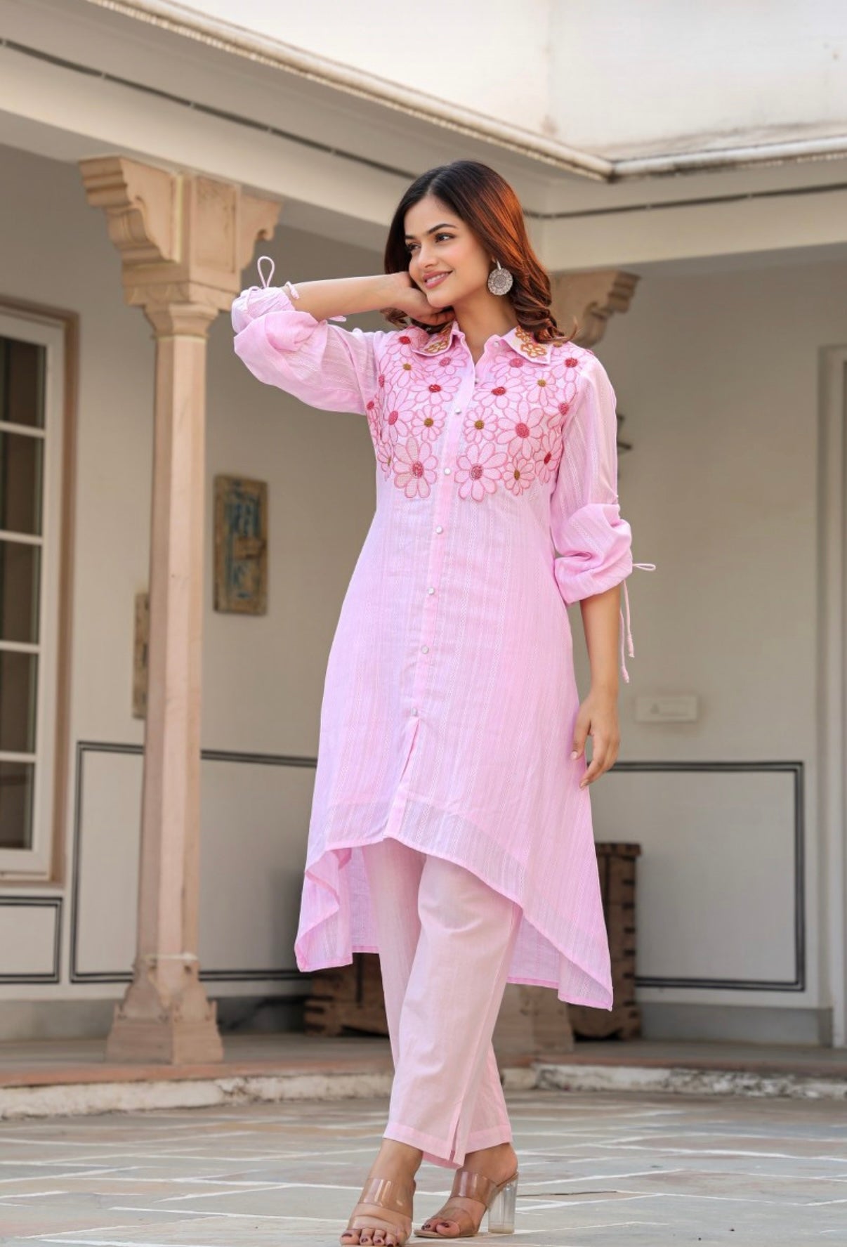 Pastel Pink Bloom Embroidered Cotton Coord Set