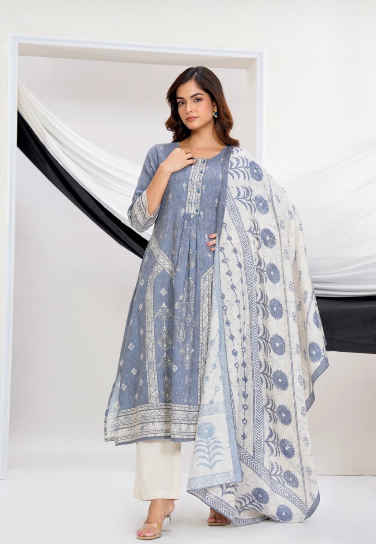 Aavya Blue Heritage Print Cotton Kurta Set With Duppata